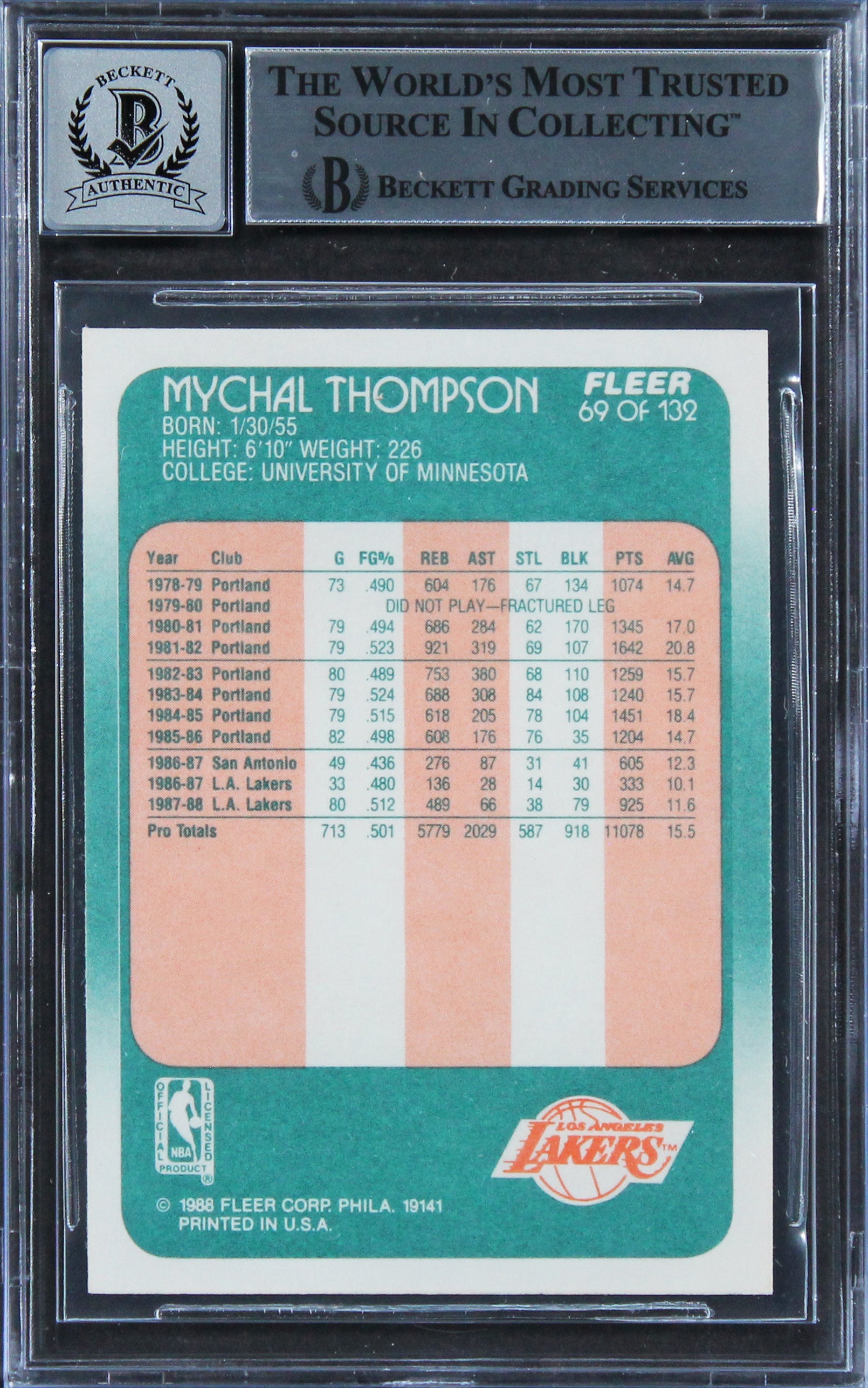 Lakers Mychal Thompson Authentic Signed 1988 Fleer #69 Card Auto 10! BAS Slabbed