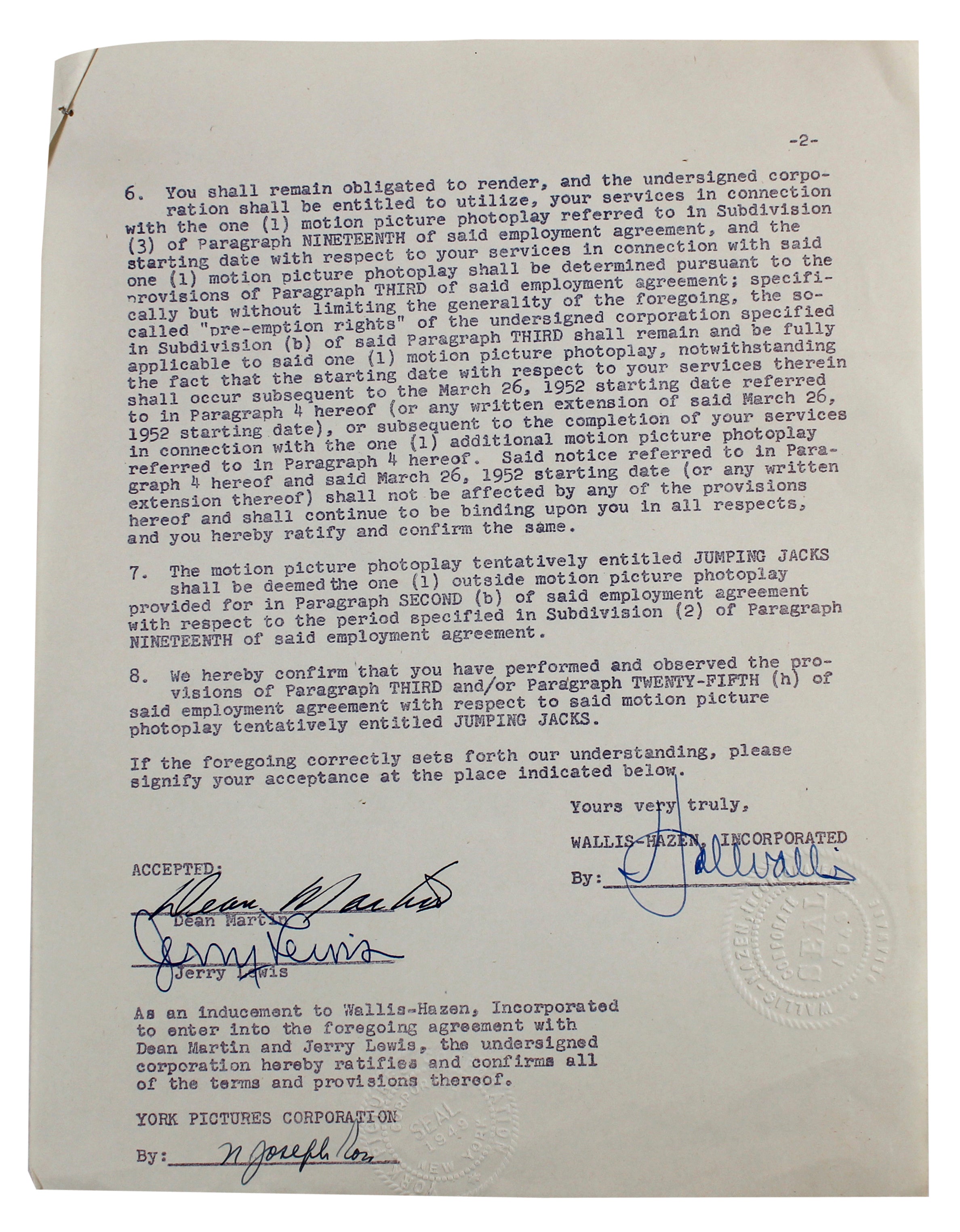 Dean Martin & Jerry Lewis Authentic Signed 8.5x11 Contract BAS #AB14254
