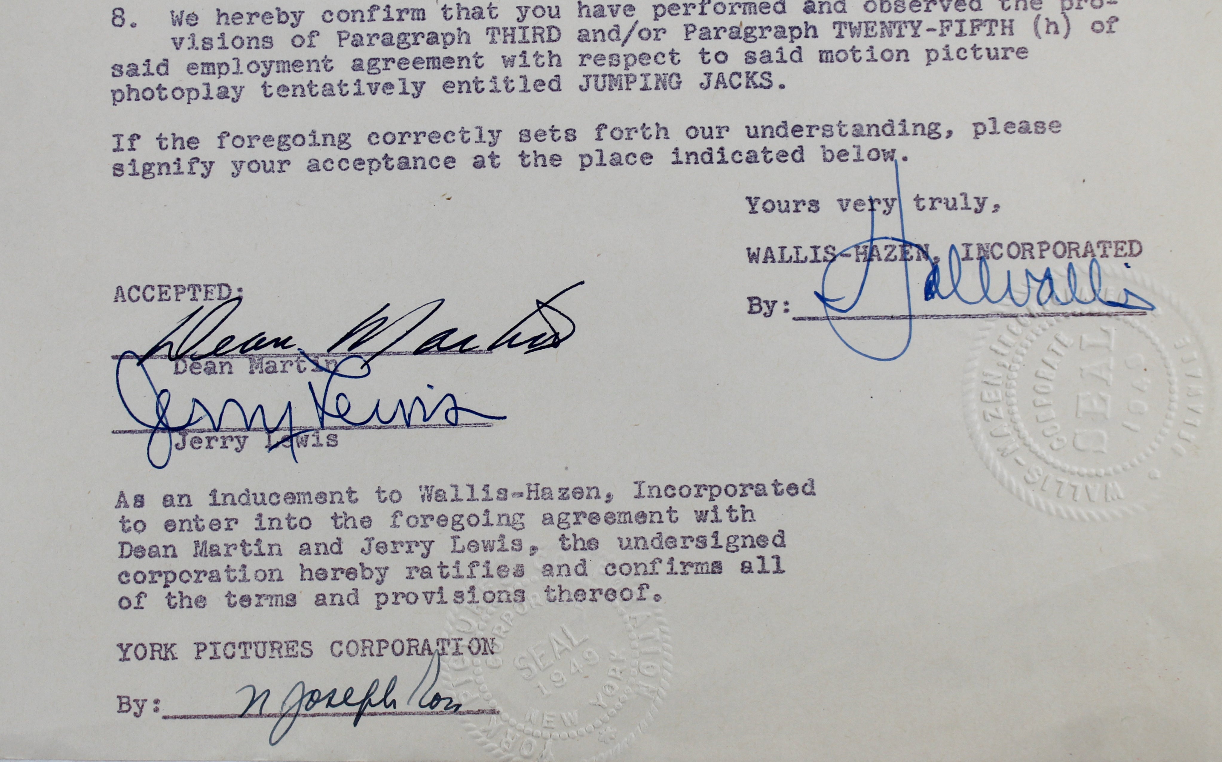 Dean Martin & Jerry Lewis Authentic Signed 8.5x11 Contract BAS #AB14254