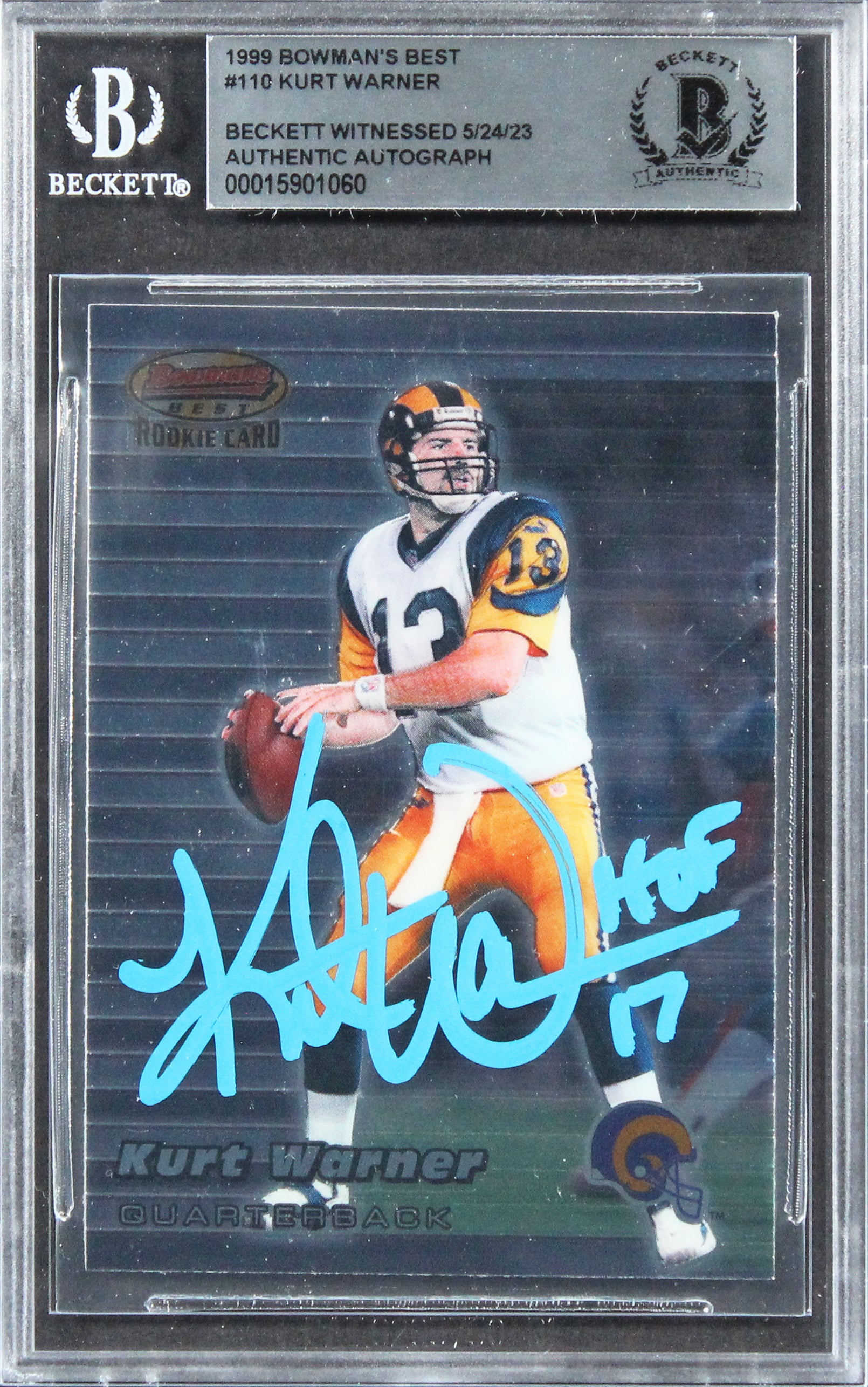 Rams Kurt Warner Signed 1999 Bowman's Best #110 RC Card w/ Blue Sig BAS Slabbed