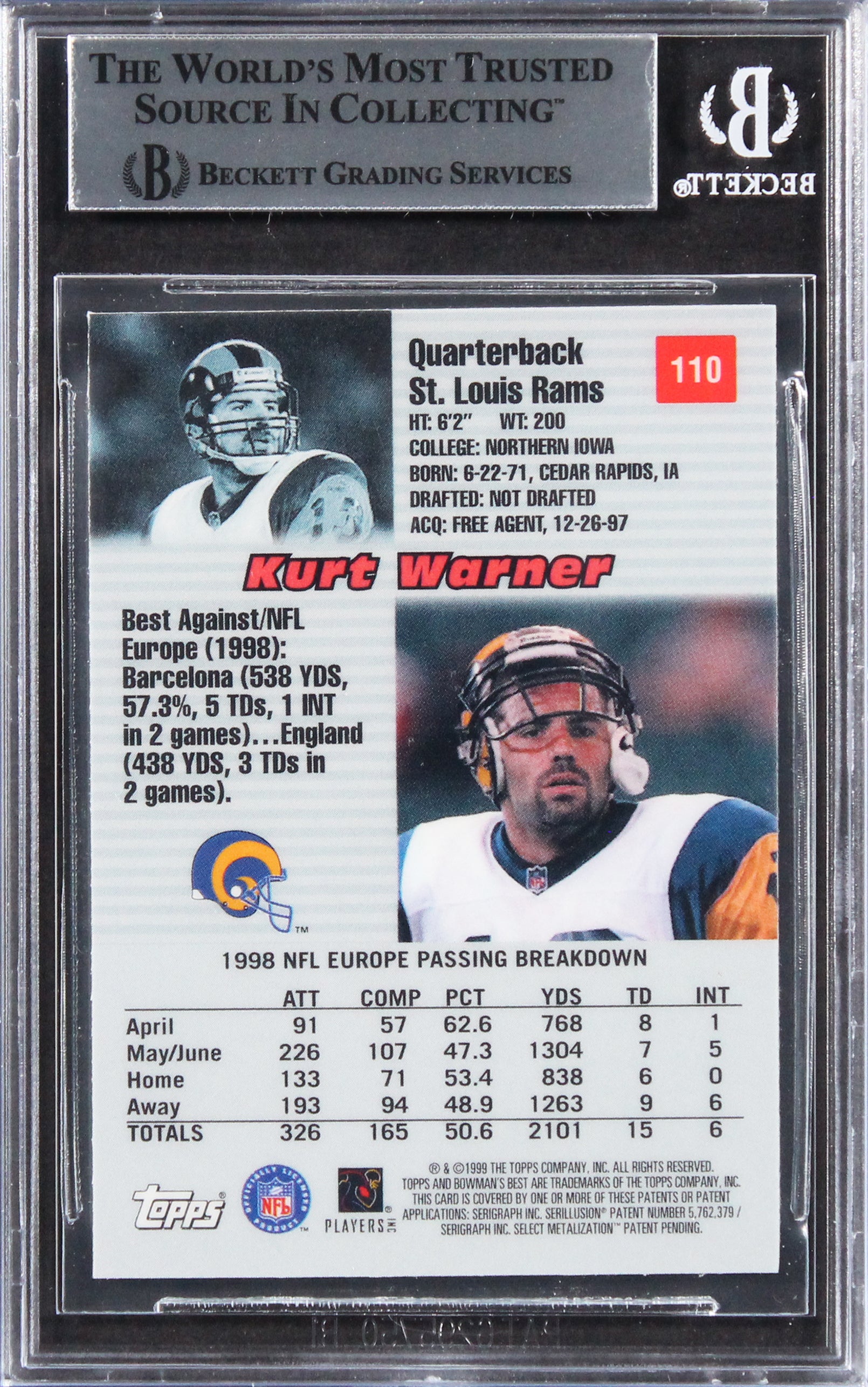 Rams Kurt Warner Signed 1999 Bowman's Best #110 RC Card w/ Blue Sig BAS Slabbed