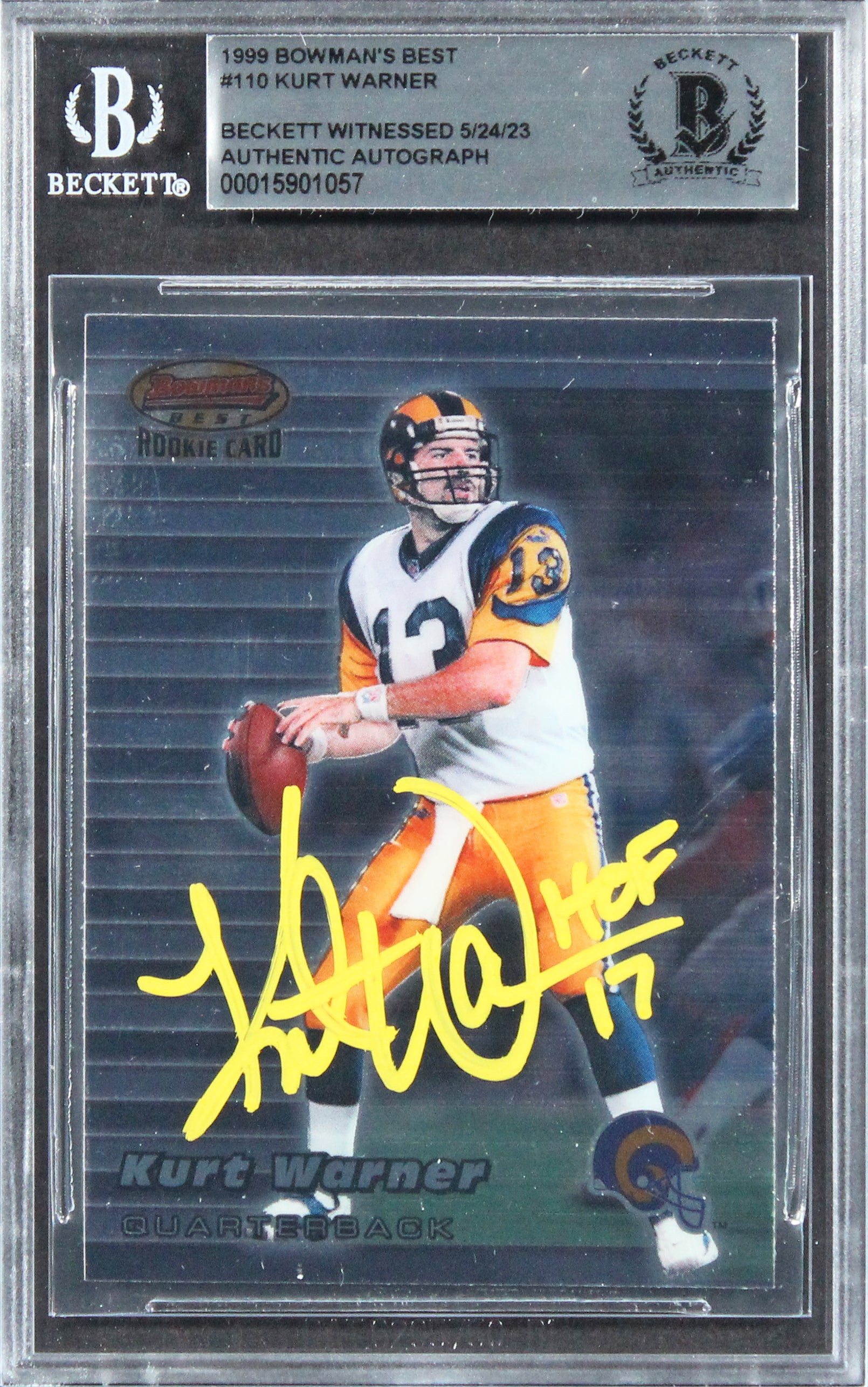 Rams Kurt Warner "HOF 17" Signed 1999 Bowman's Best #110 Rookie Card BAS Slabbed