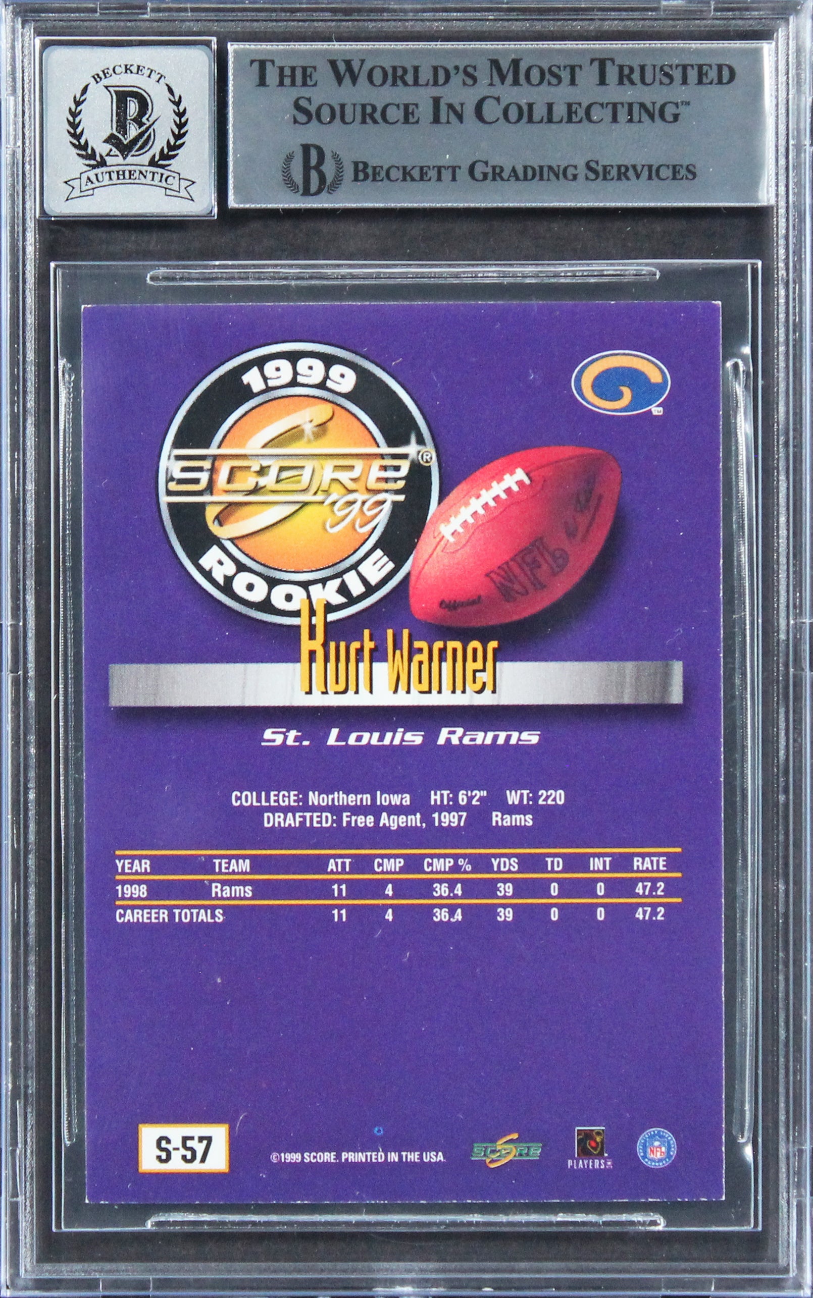 Rams Kurt Warner Signed 1999 Score Supplemental #S57 RC Card Auto 10! BAS Slab