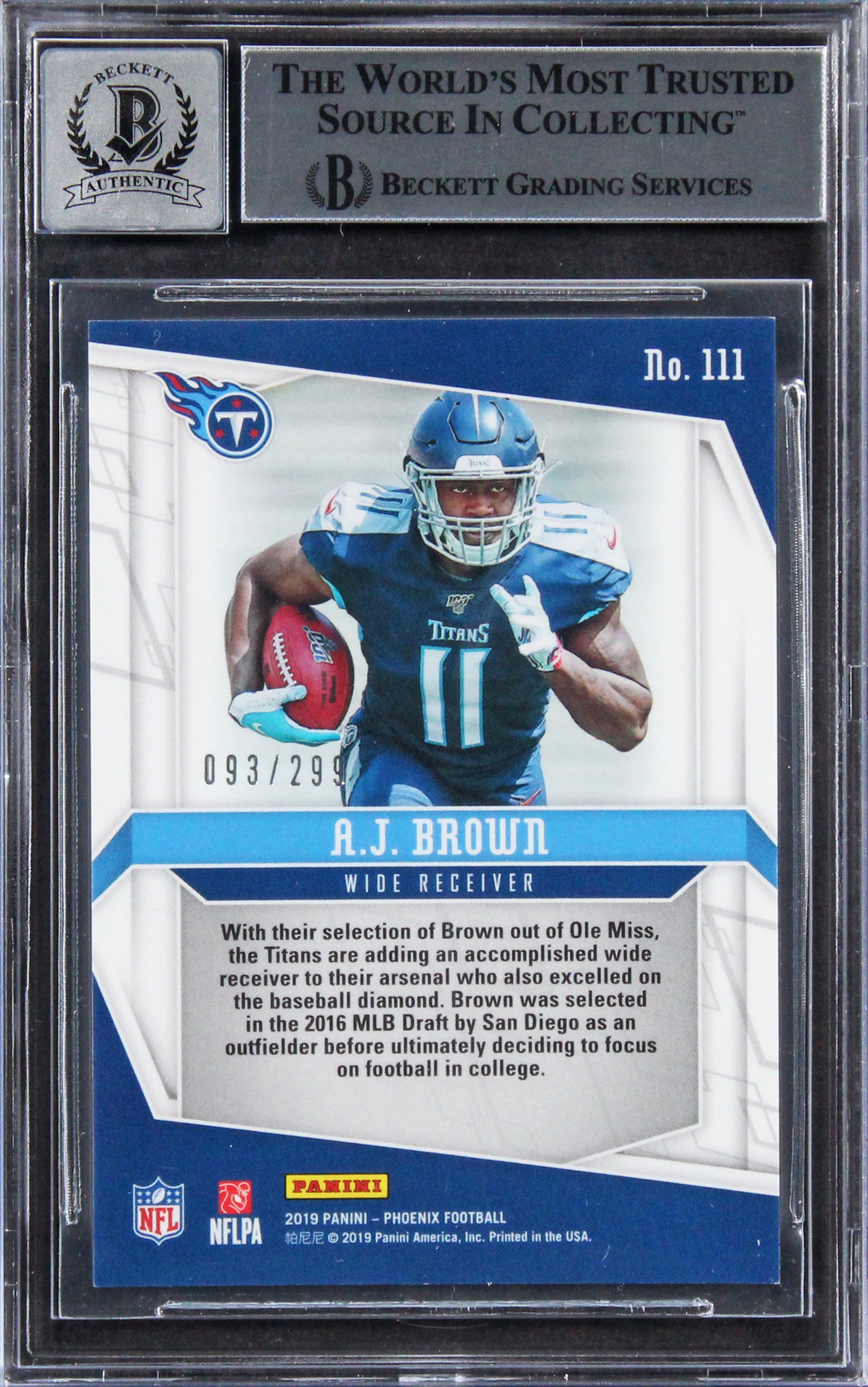 Titans A.J. Brown Signed 2019 Panini Phoenix #111 #93/299 RC Auto 10 BAS Slabbed