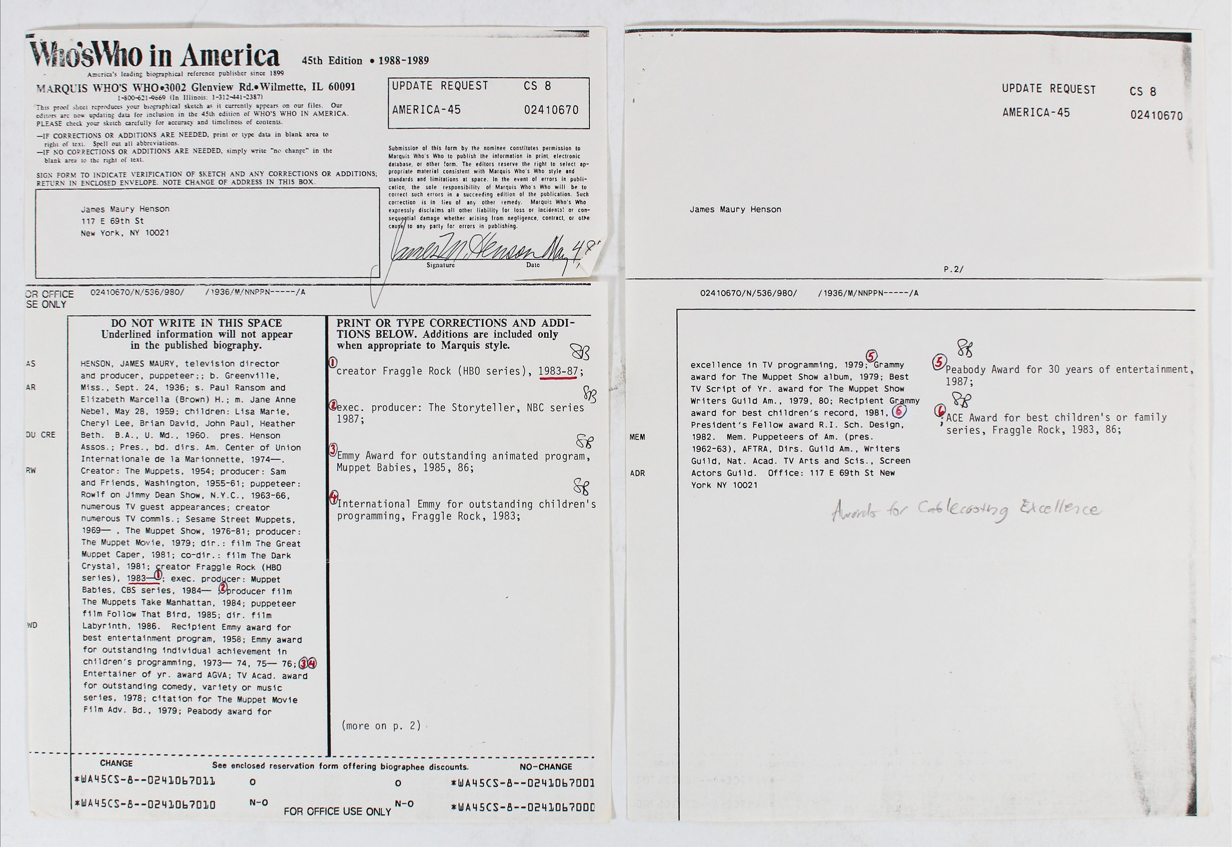 Jim Henson The Muppets Signed 8.5x11 Reference Sheet Document BAS #AB31378