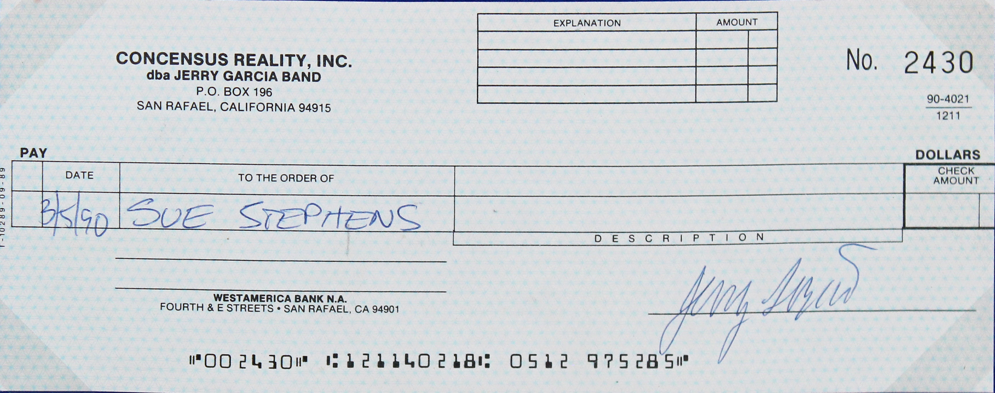 Jerry Garcia Grateful Dead Signed & Framed 3x8.25 Bank Draft Check BAS #AB76952