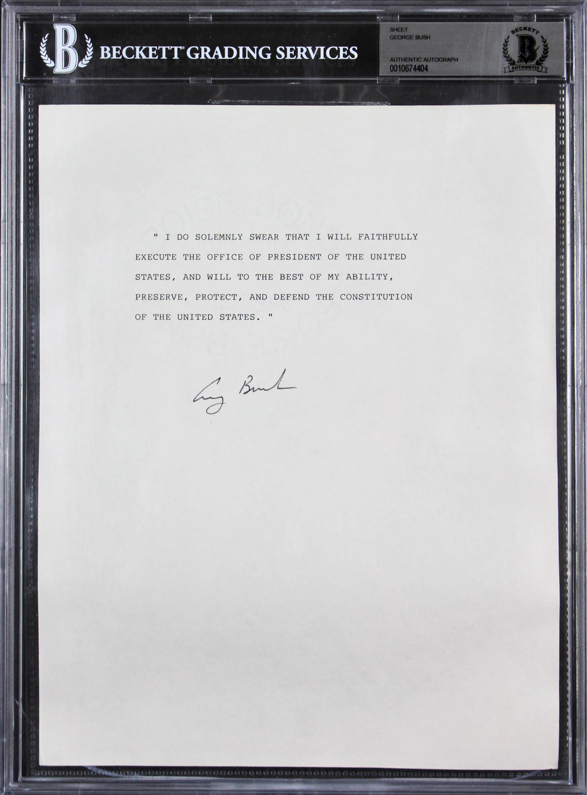 George H.W. Bush Authentic Signed 8.5x11 Oath Of Office Sheet BAS Slabbed