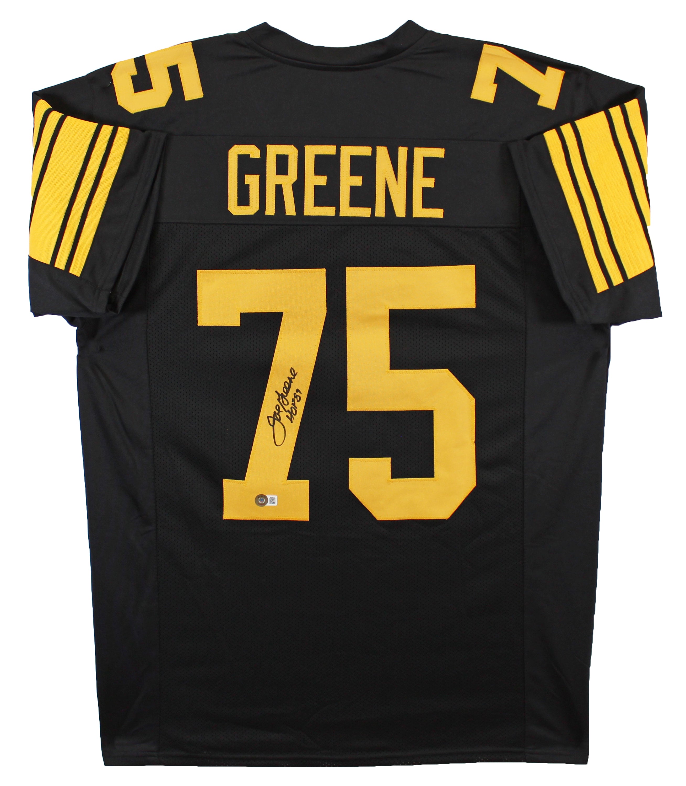 Joe Greene "HOF 87" Signed Black Pro Style Jersey w/ Yellow #'s BAS Witnessed HOLIDAY DOORBUSTER