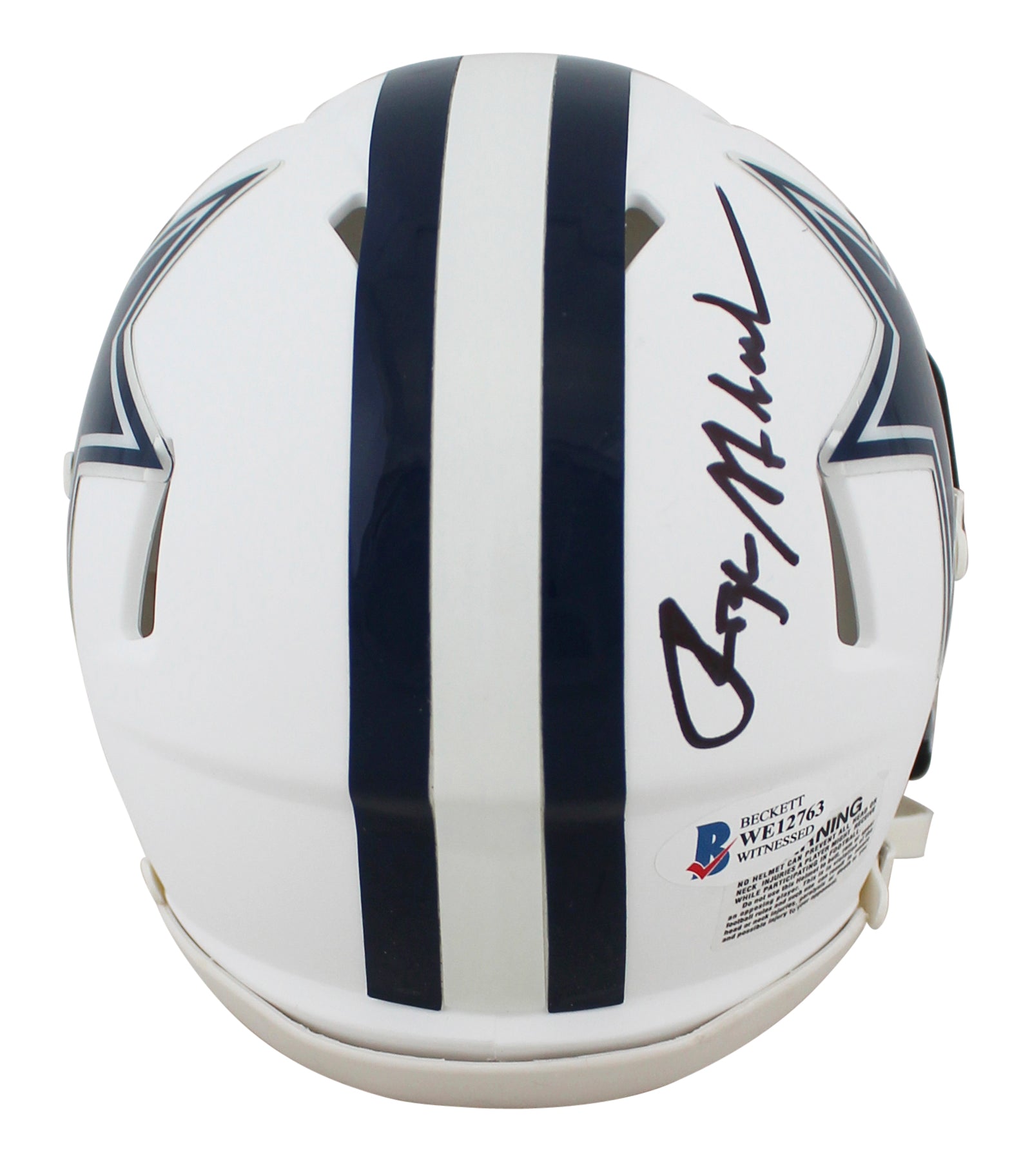 Cowboys Roger Staubach Signed Flat White Speed Mini Helmet w/ Black Sig BAS Wit