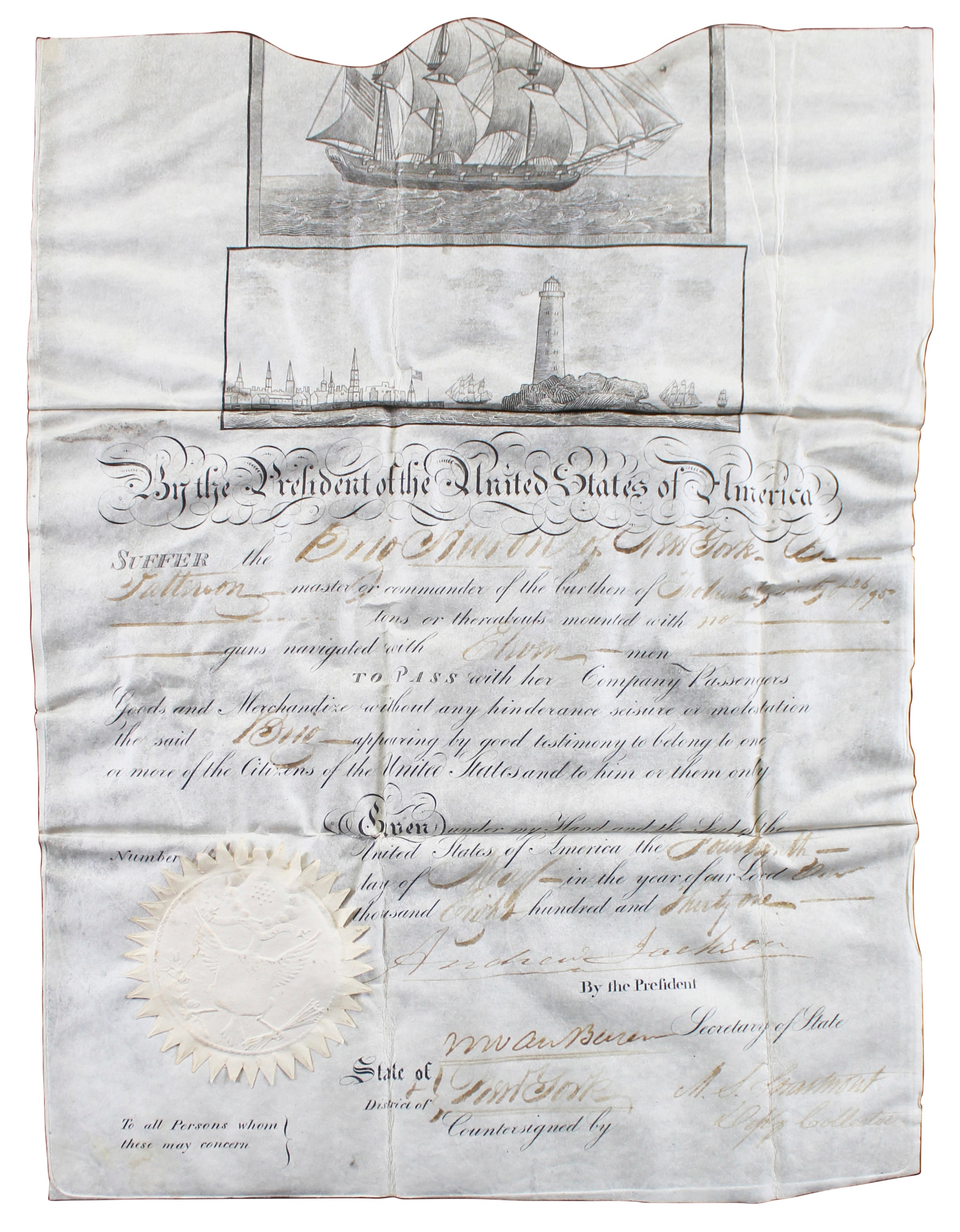Andrew Jackson & Martin Van Buren Signed 10.25x13.75 1831 Ship's Passport JSA