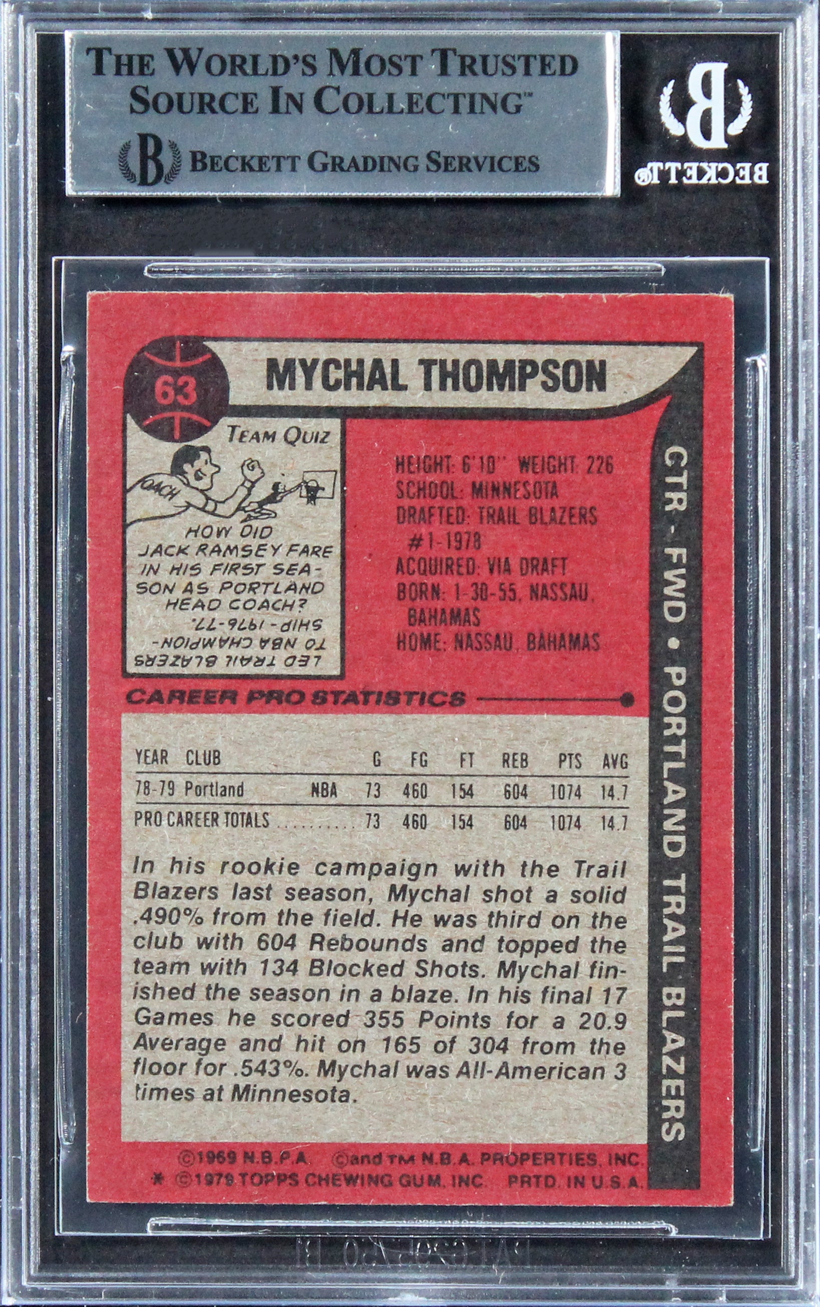 Blazers Mychal Thompson "#1 1978 Pick" Signed 1979 Topps #63 Card BAS Slabbed