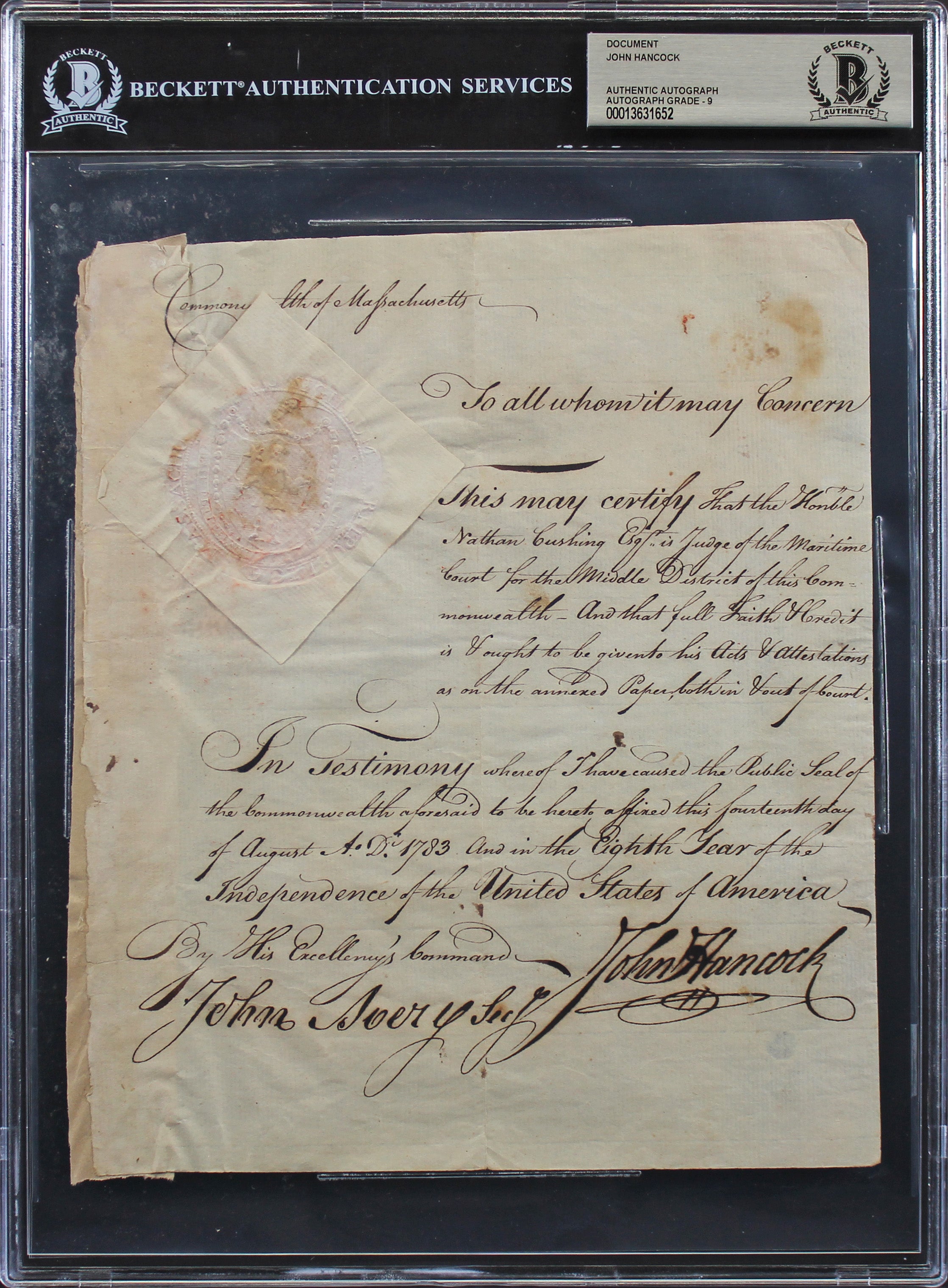 John Hancock Signed 7.5x9 1783 Maritime Judicial Appointment Auto 9 BAS Slabbed