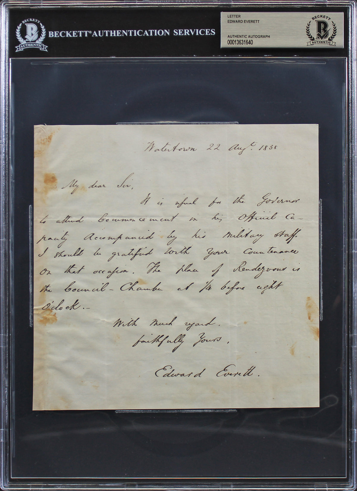 Edward Everett Authentic Signed 7x7 Letter Dated August 22, 1838 BAS Slabbed