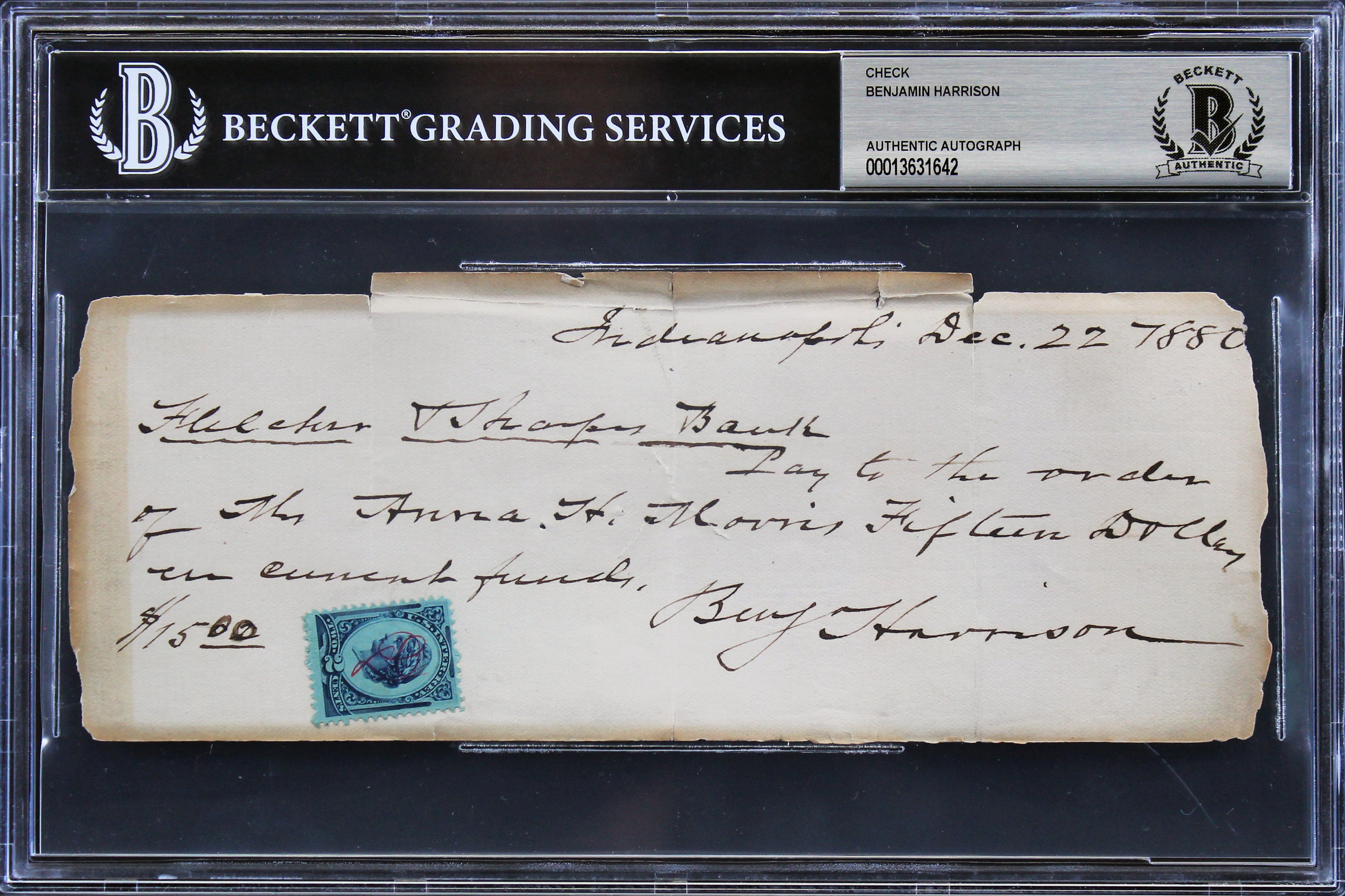 Benjamin Harrison Authentic Signed 3.25x8 1880 Handwritten Check BAS Slabbed