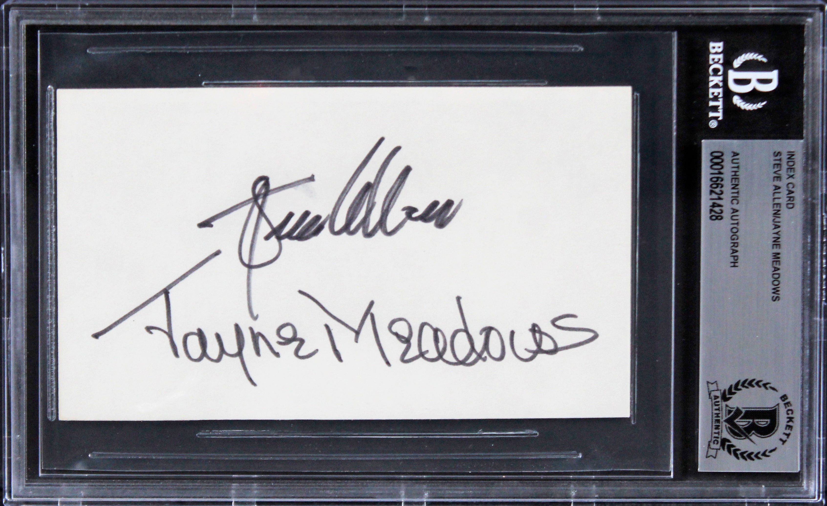 Steve Allen & Jayne Meadows The Tonight Show Signed 3x5 Index Card BAS Slabbed
