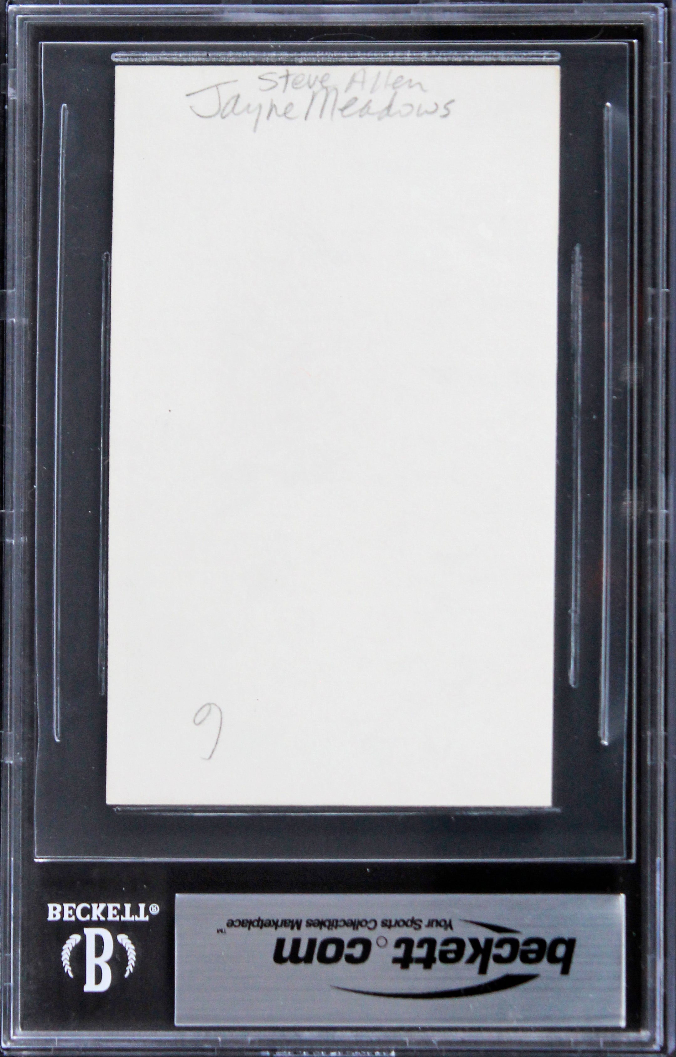 Steve Allen & Jayne Meadows The Tonight Show Signed 3x5 Index Card BAS Slabbed