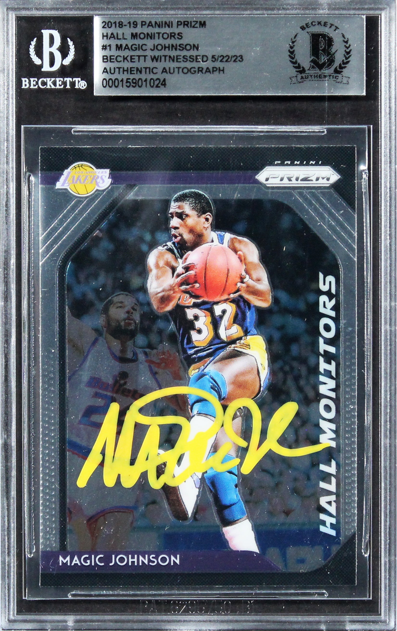 Lakers Magic Johnson Signed 2018 Panini Prizm Hall Monitors #1 Card BAS Slabbed