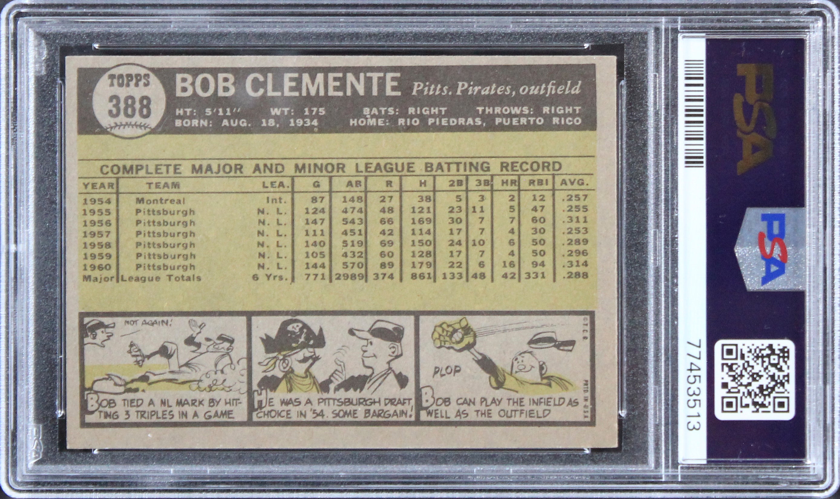 Pirates Roberto Clemente 1961 Topps #388 Card Graded EX-MT-6 PSA Slabbed