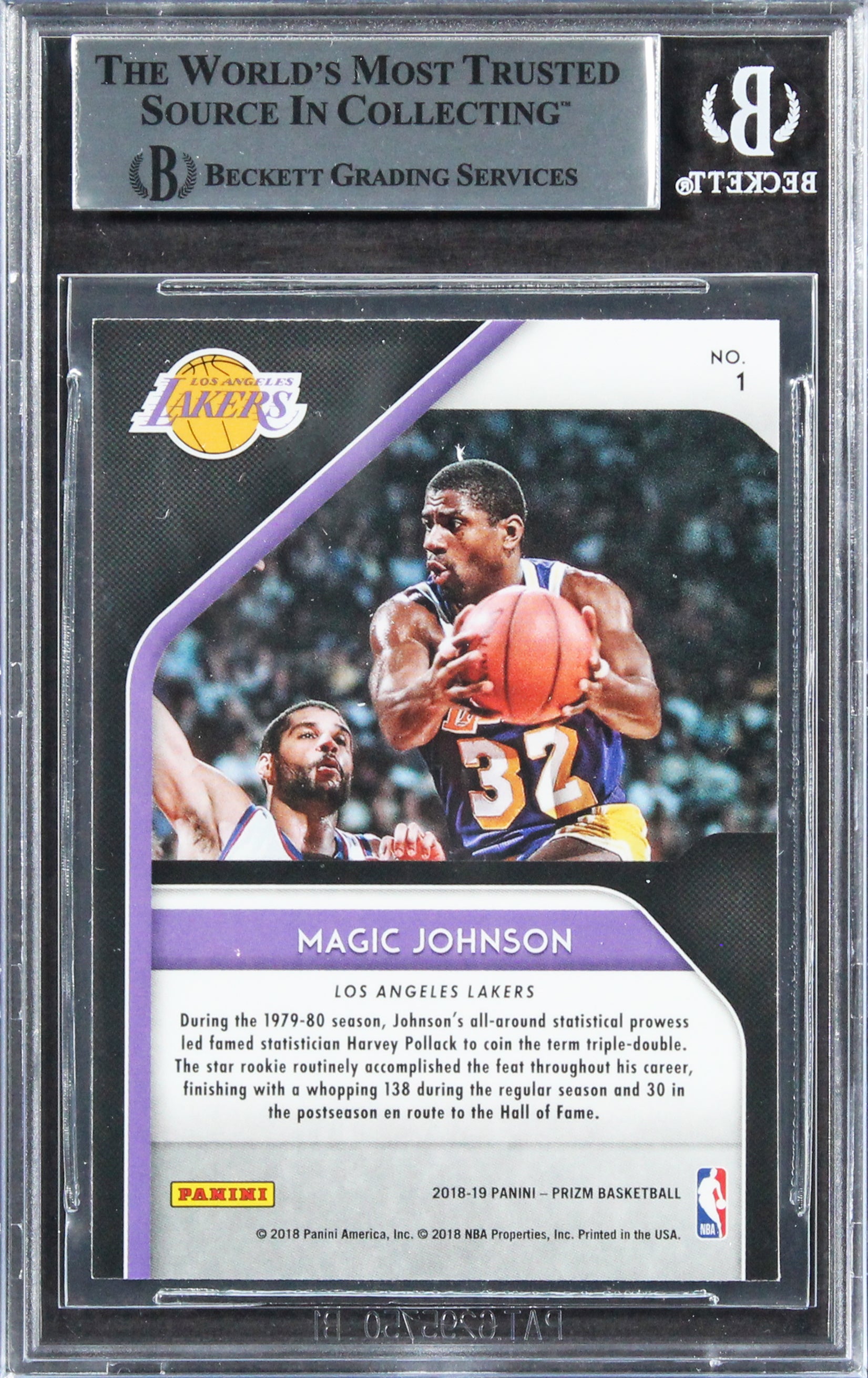 Lakers Magic Johnson Signed 2018 Panini Prizm Hall Monitors #1 Card BAS Slabbed