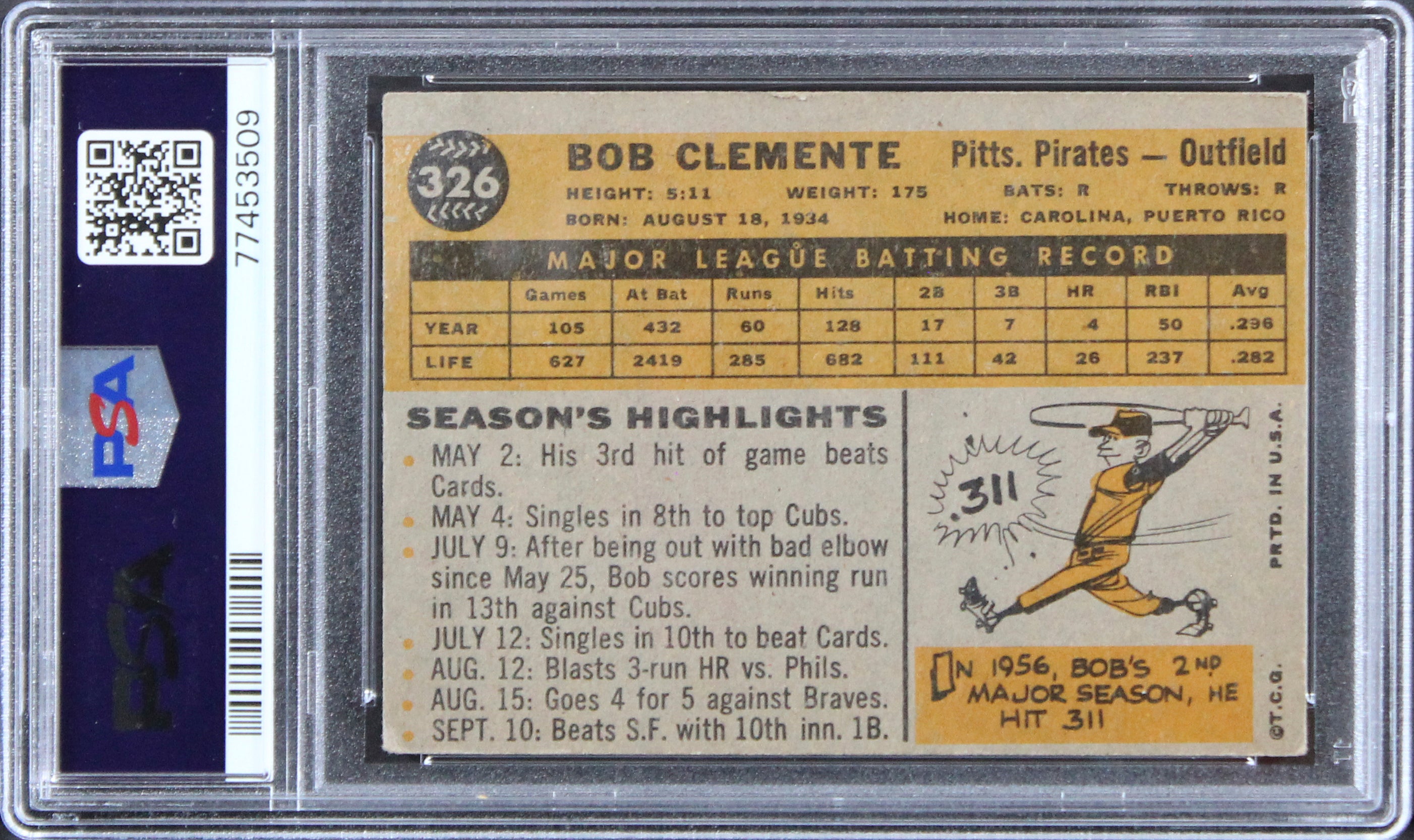 Pirates Roberto Clemente 1960 Topps #326 Card Graded VG-3 PSA Slabbed