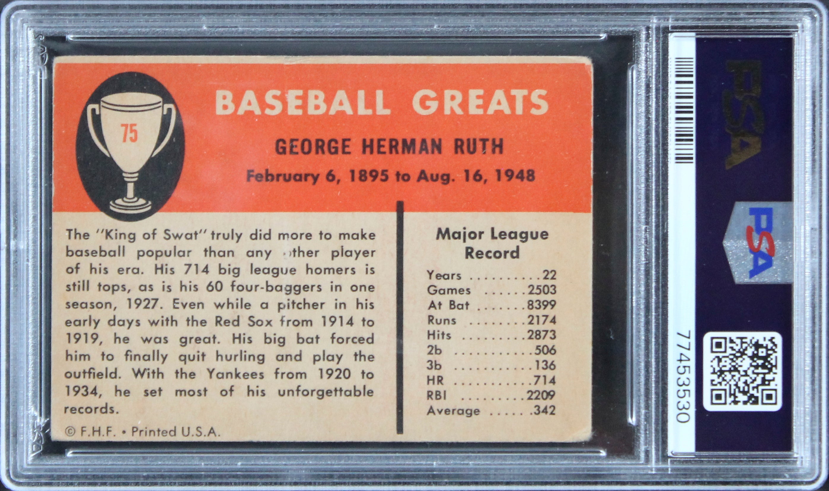 Yankees Babe Ruth 1961 Fleer #75 Card Graded VG-3 PSA Slabbed