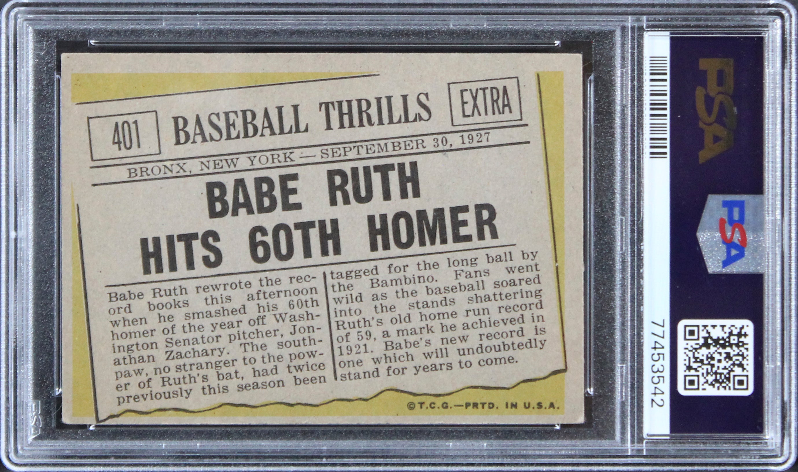 Yankees Babe Ruth 1961 Topps #401 Card Graded VG-EX+ 4.5 PSA Slabbed