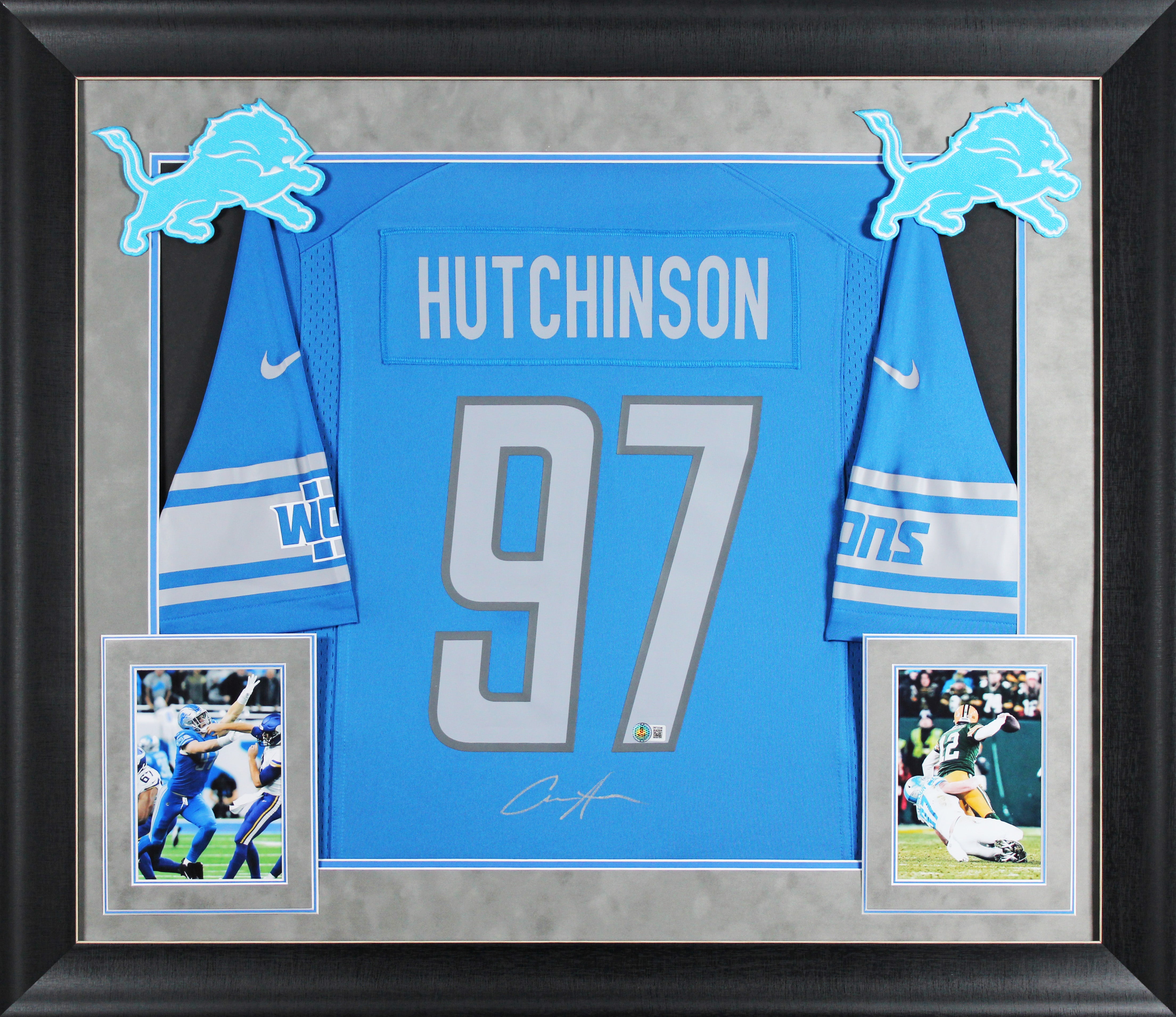 Lions Aidan Hutchinson Signed Blue Nike Game Framed Jersey w/ Silver Sig BAS Wit