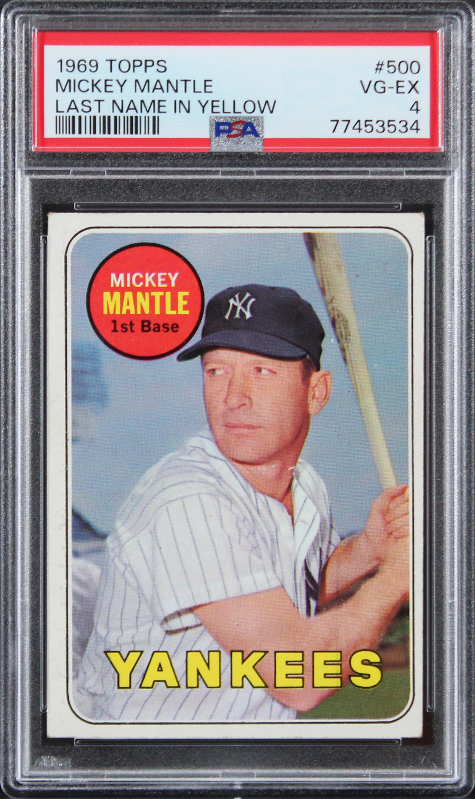 Yankees Mickey Mantle 1969 Topps #500 Card Graded VG-EX-4 PSA Slabbed