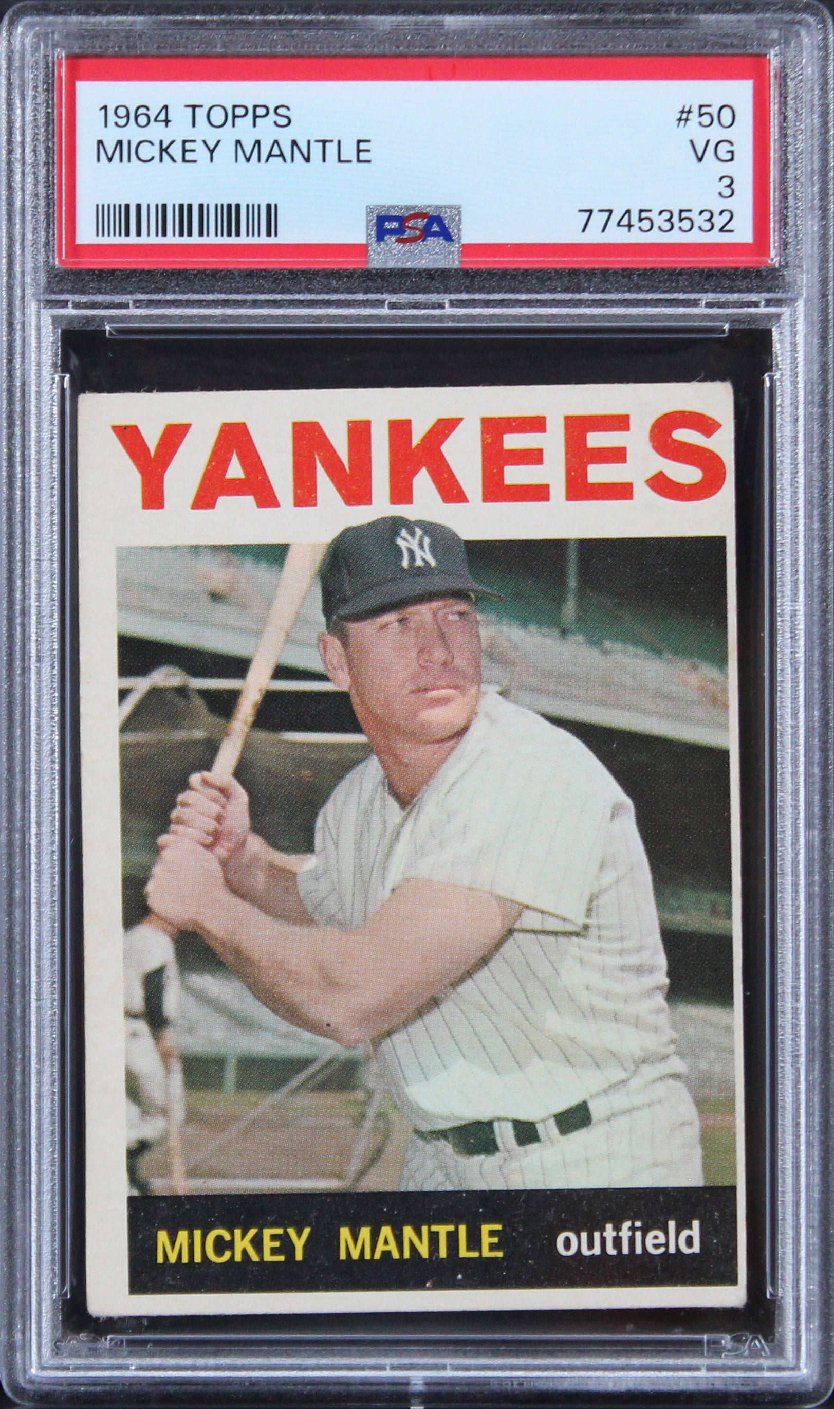 Yankees Mickey Mantle 1964 Topps #50 Card Graded VG-3 PSA Slabbed