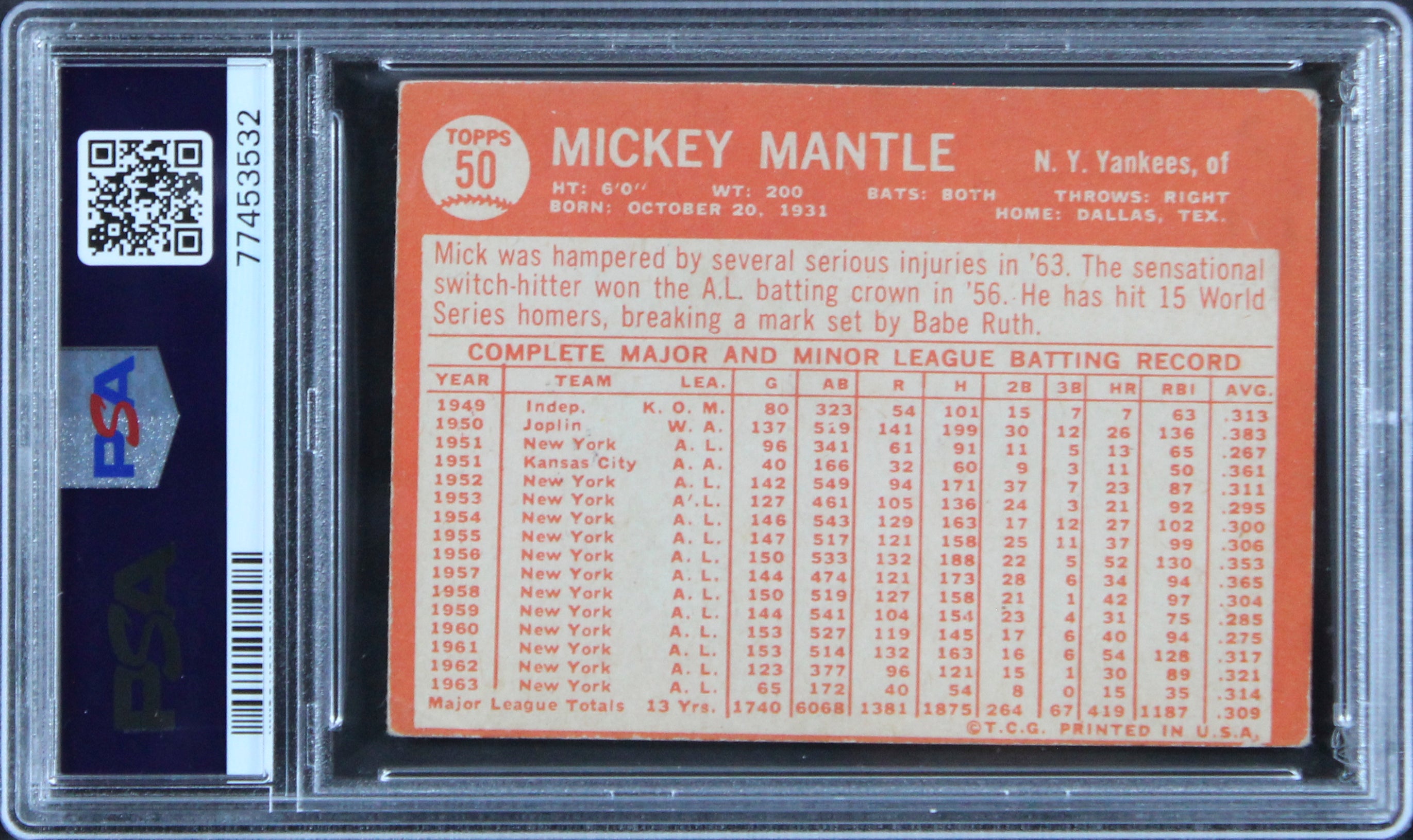 Yankees Mickey Mantle 1964 Topps #50 Card Graded VG-3 PSA Slabbed