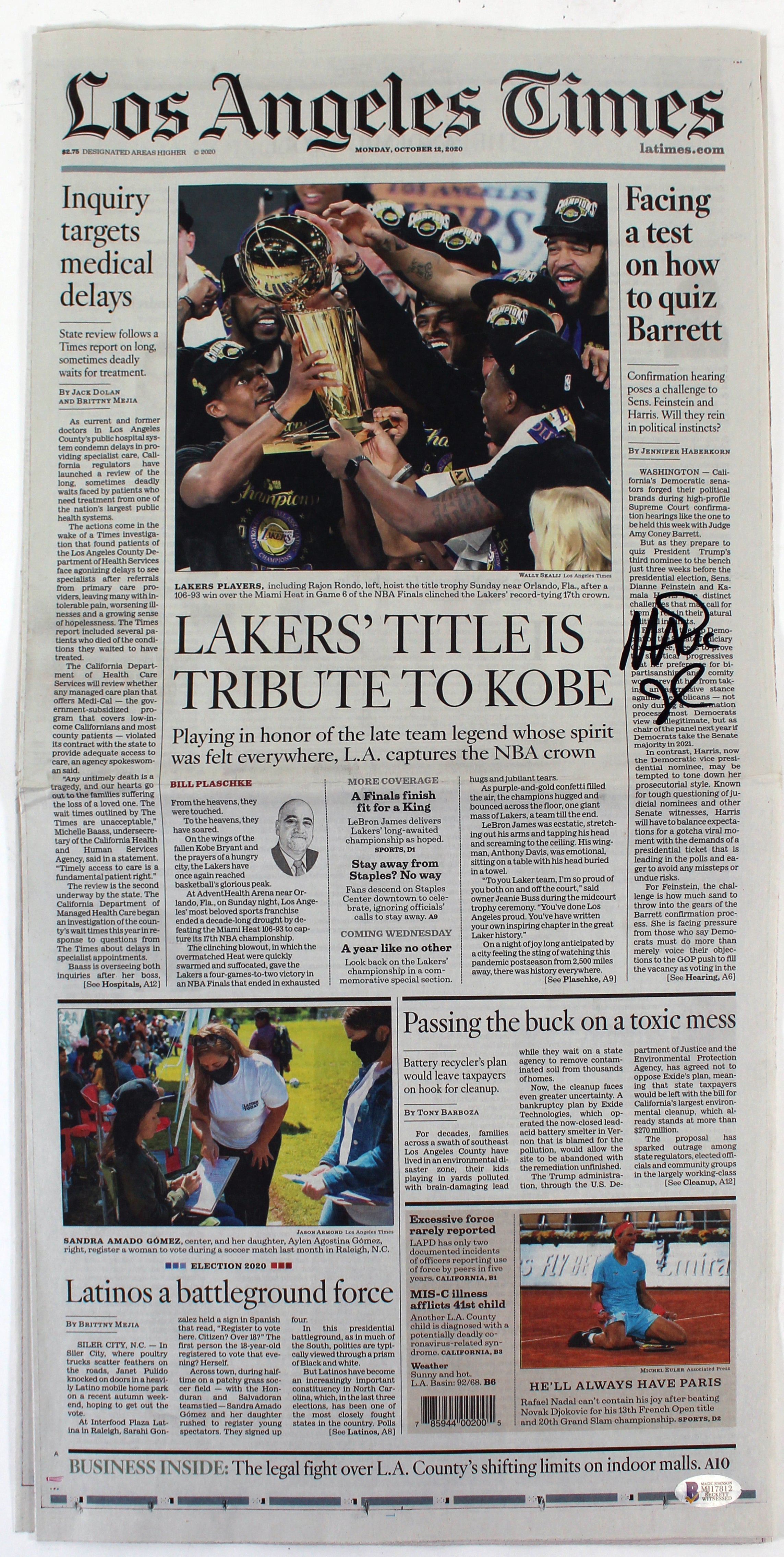 Lakers Magic Johnson Signed LA Times 2020 Championship Edition Newspaper BAS Wit