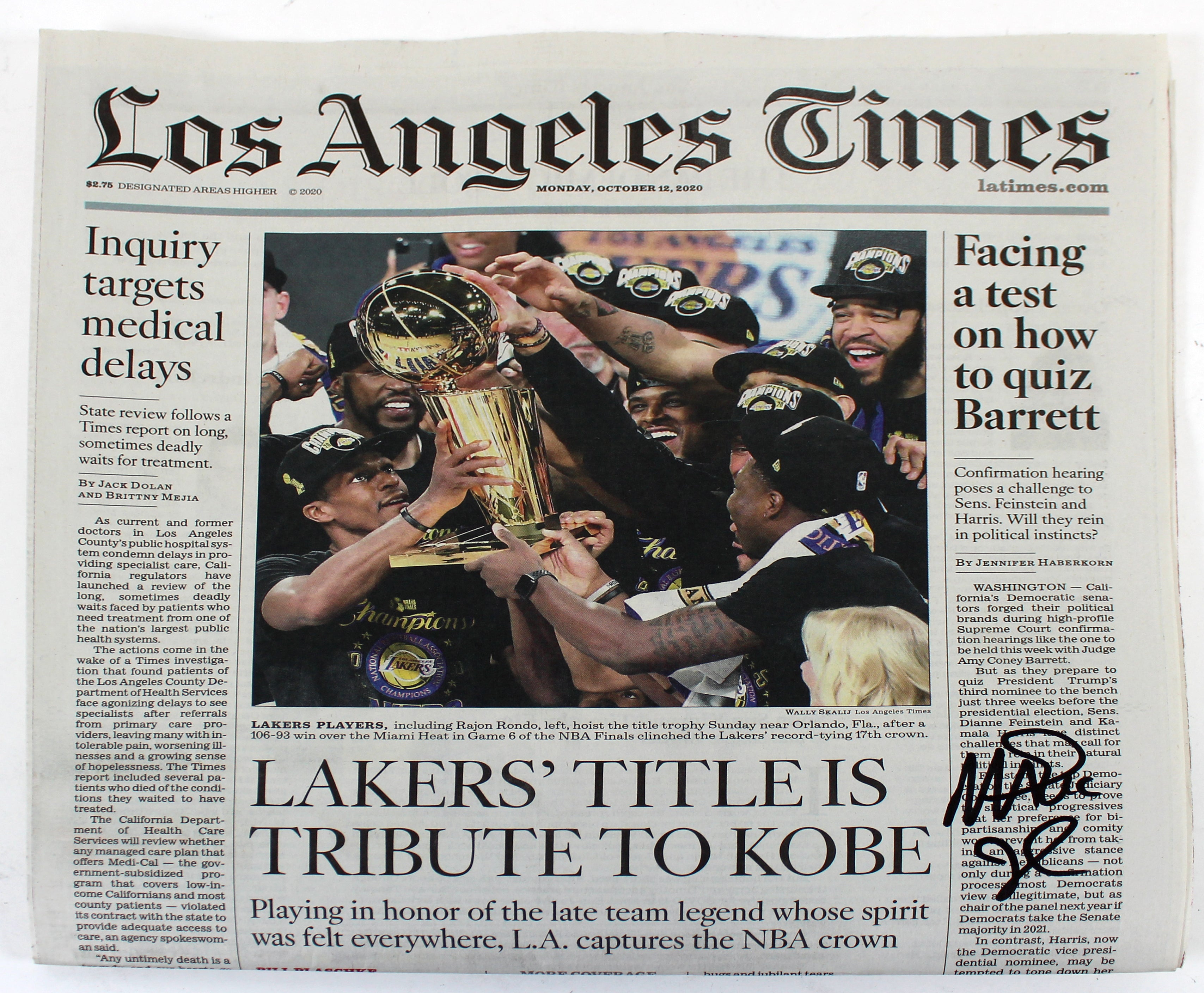 Lakers Magic Johnson Signed LA Times 2020 Championship Edition Newspaper BAS Wit