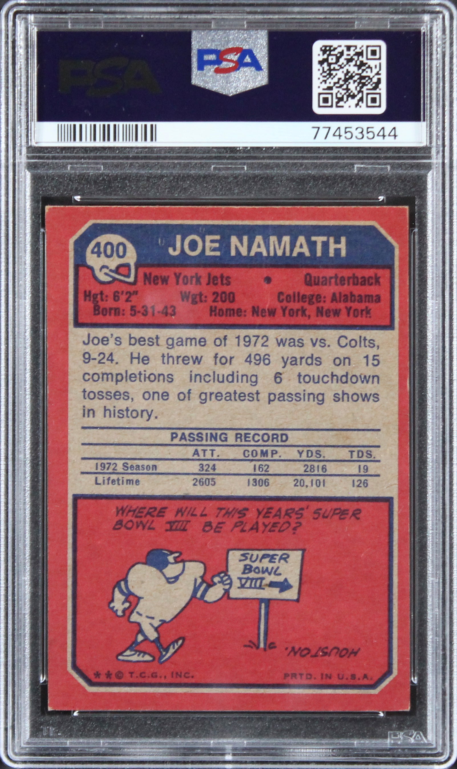 Jets Joe Namath 1973 Topps #400 Card Graded Good-2 PSA Slabbed