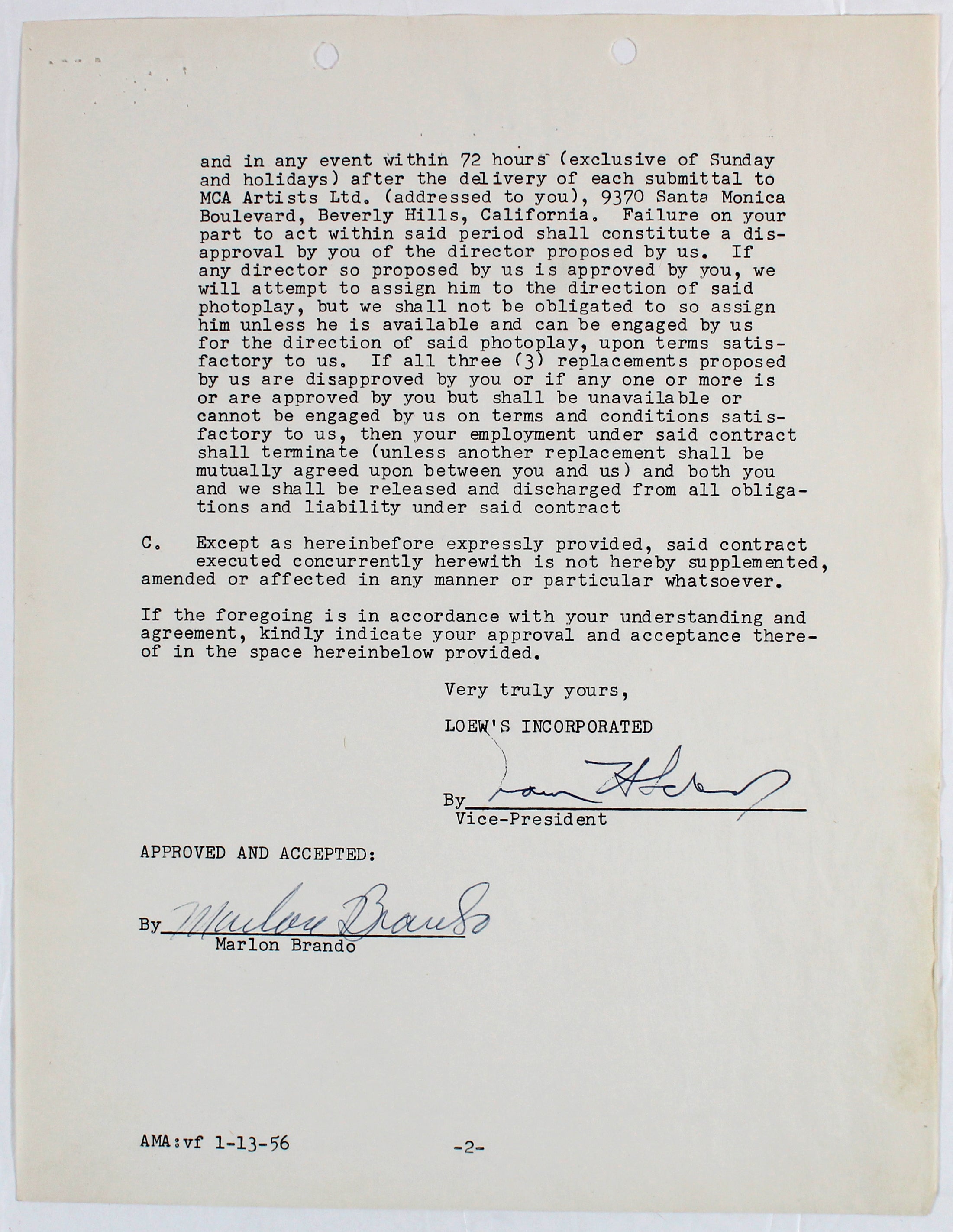 Marlon Brando Authentic Signed 2 Page MGM Contract Dated July 25, 1955 BAS & PSA