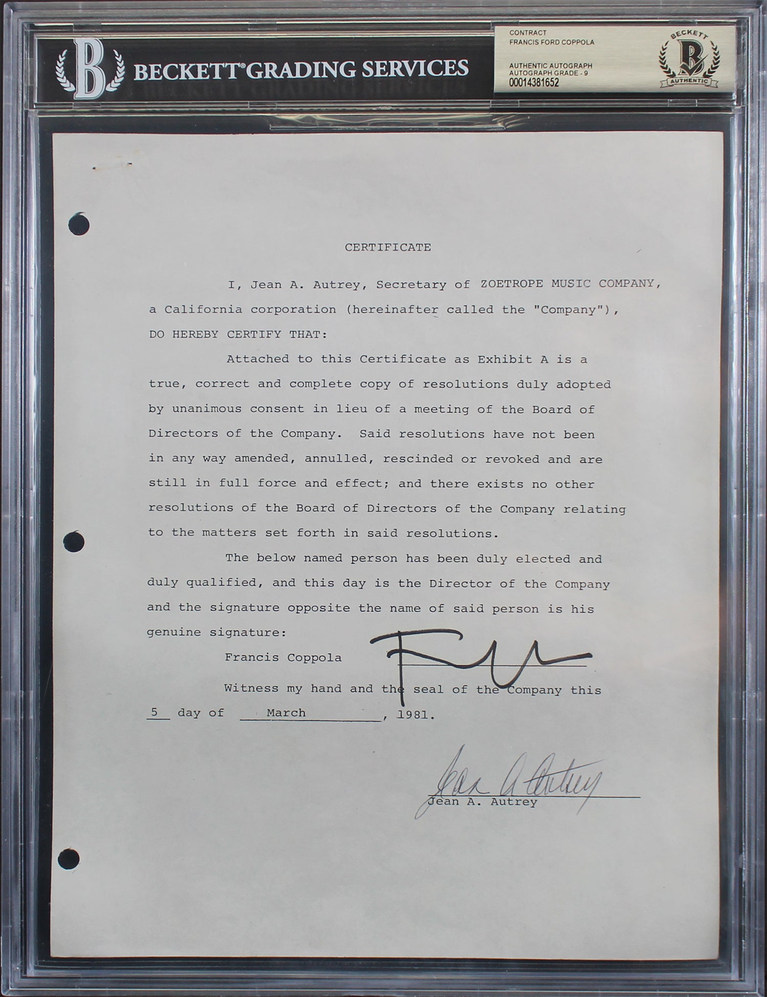 Francis Ford Coppola Authentic Signed 8.5x11 Contract Dated March 5, 1981 Auto Graded Mint 9! BAS Slabbed
