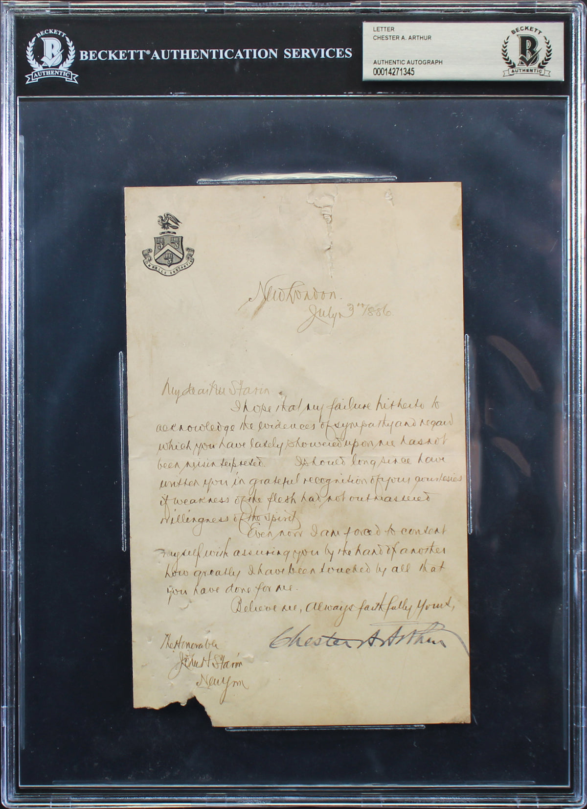 Chester A. Arthur Authentic Signed 5x8 1886 Letter Autographed BAS Slabbed