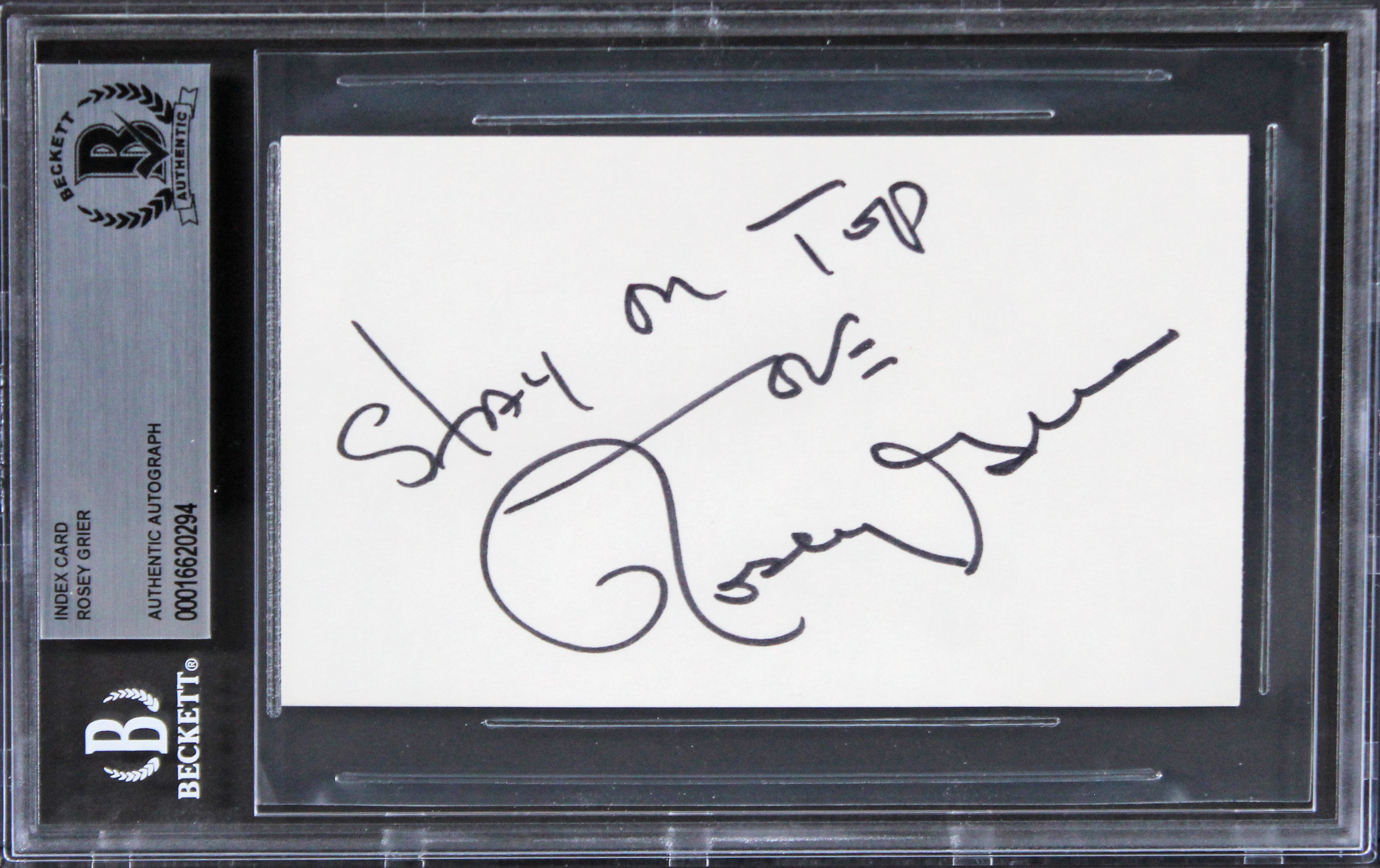 Rams Rosey Grier "Stay On Top" Authentic Signed 3x5 Index Card BAS Slabbed