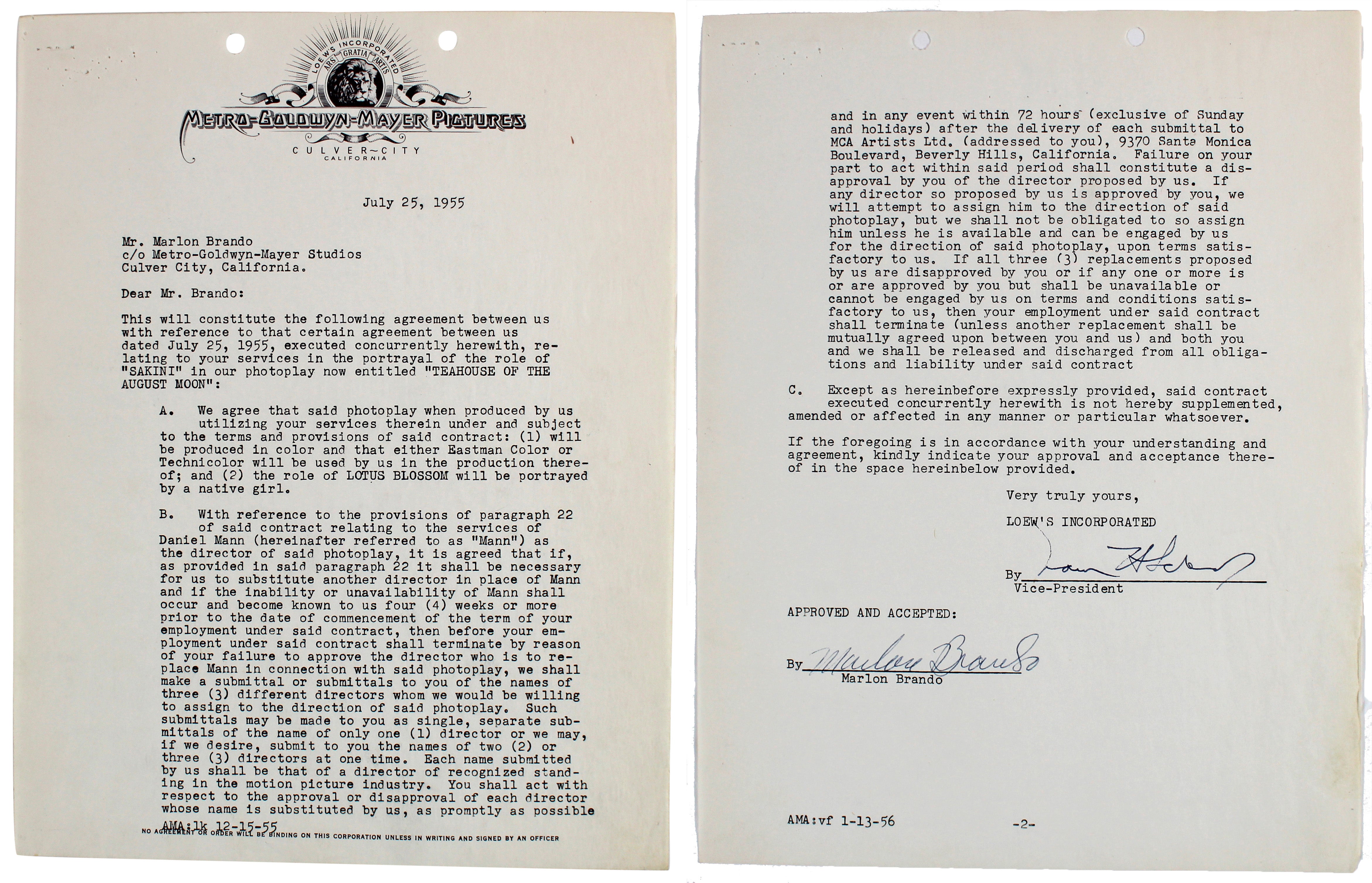 Marlon Brando Authentic Signed 2 Page MGM Contract Dated July 25, 1955 BAS & PSA