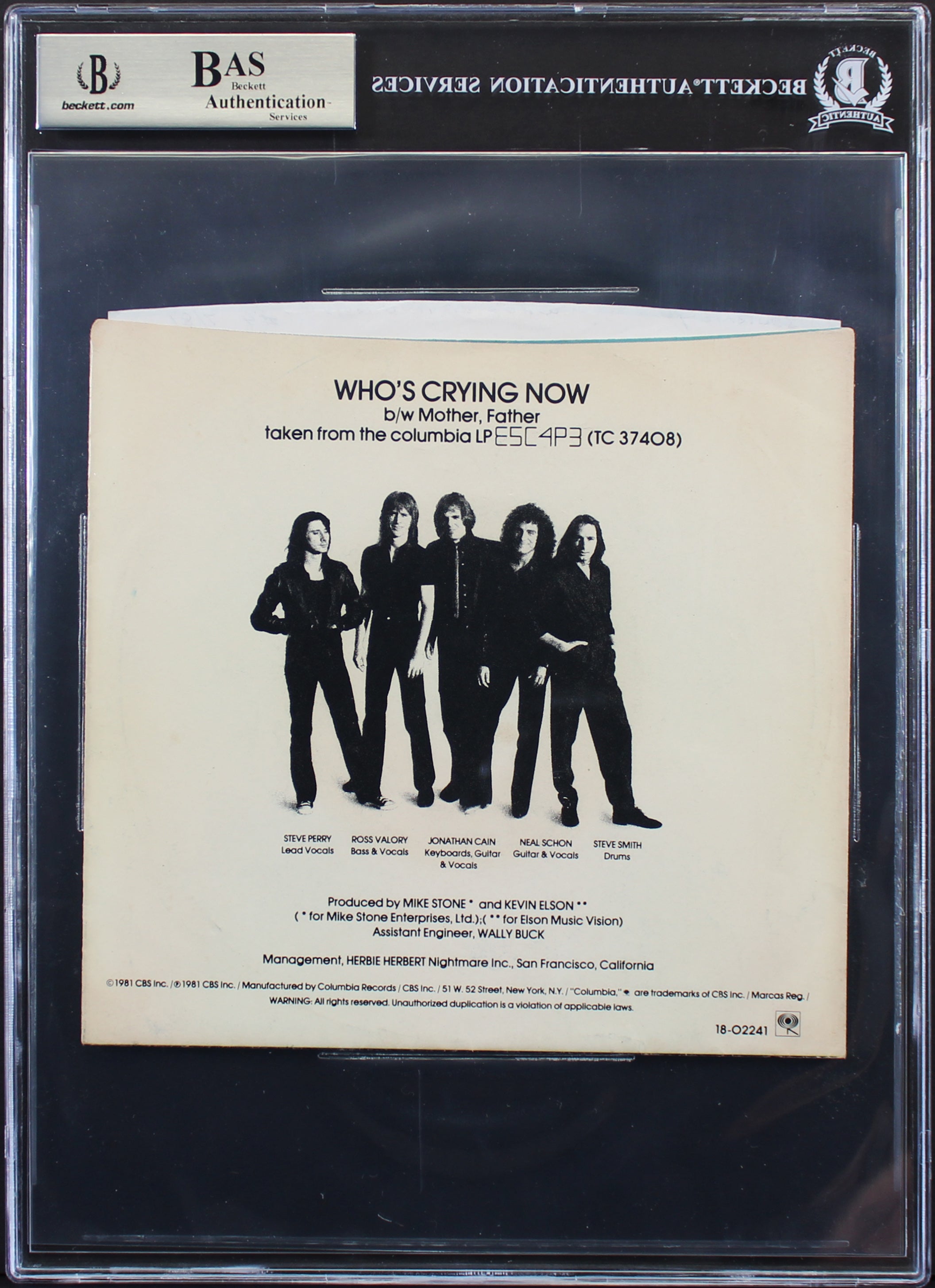 Journey (3) Perry, Cain & Schon Signed Who's Crying Now Album Cover BAS Slabbed