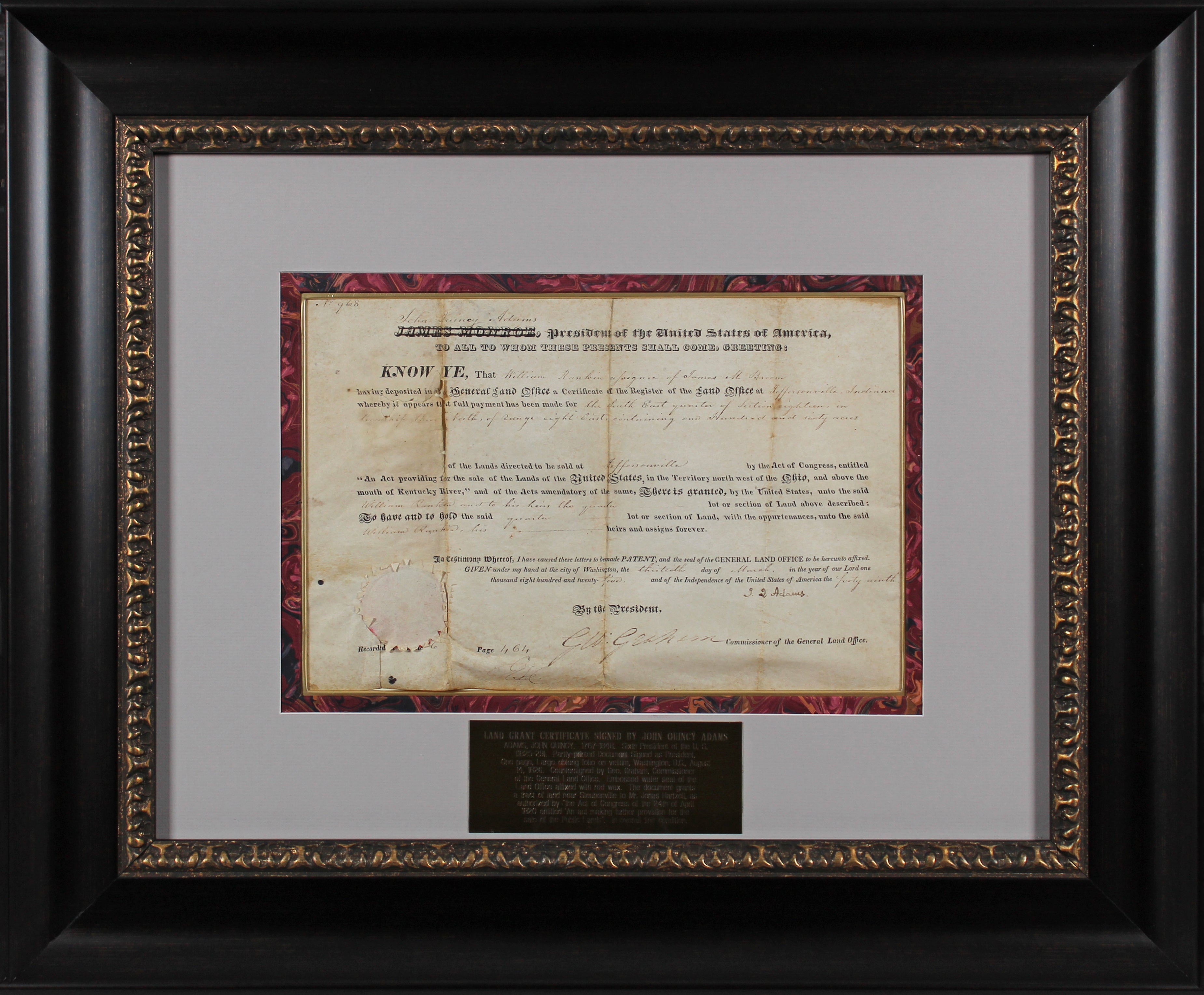 John Quincy Adams Authentic Signed & Framed 9x13 Land Grant BAS #AC33453
