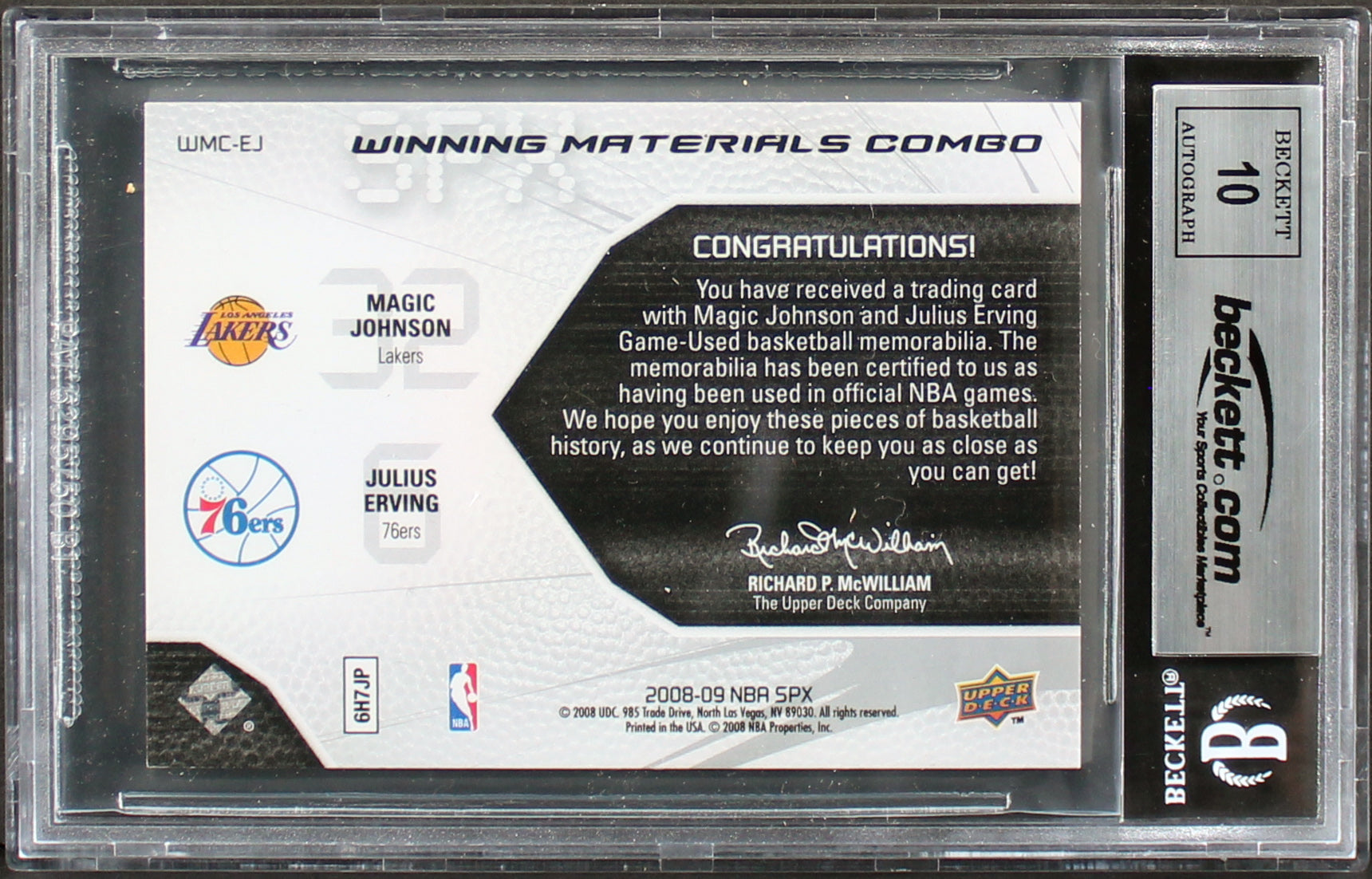 Magic Johnson & Julius Dr.J Erving Signed 2008 SPX #WMCEJ Card Auto 10 BAS Slab