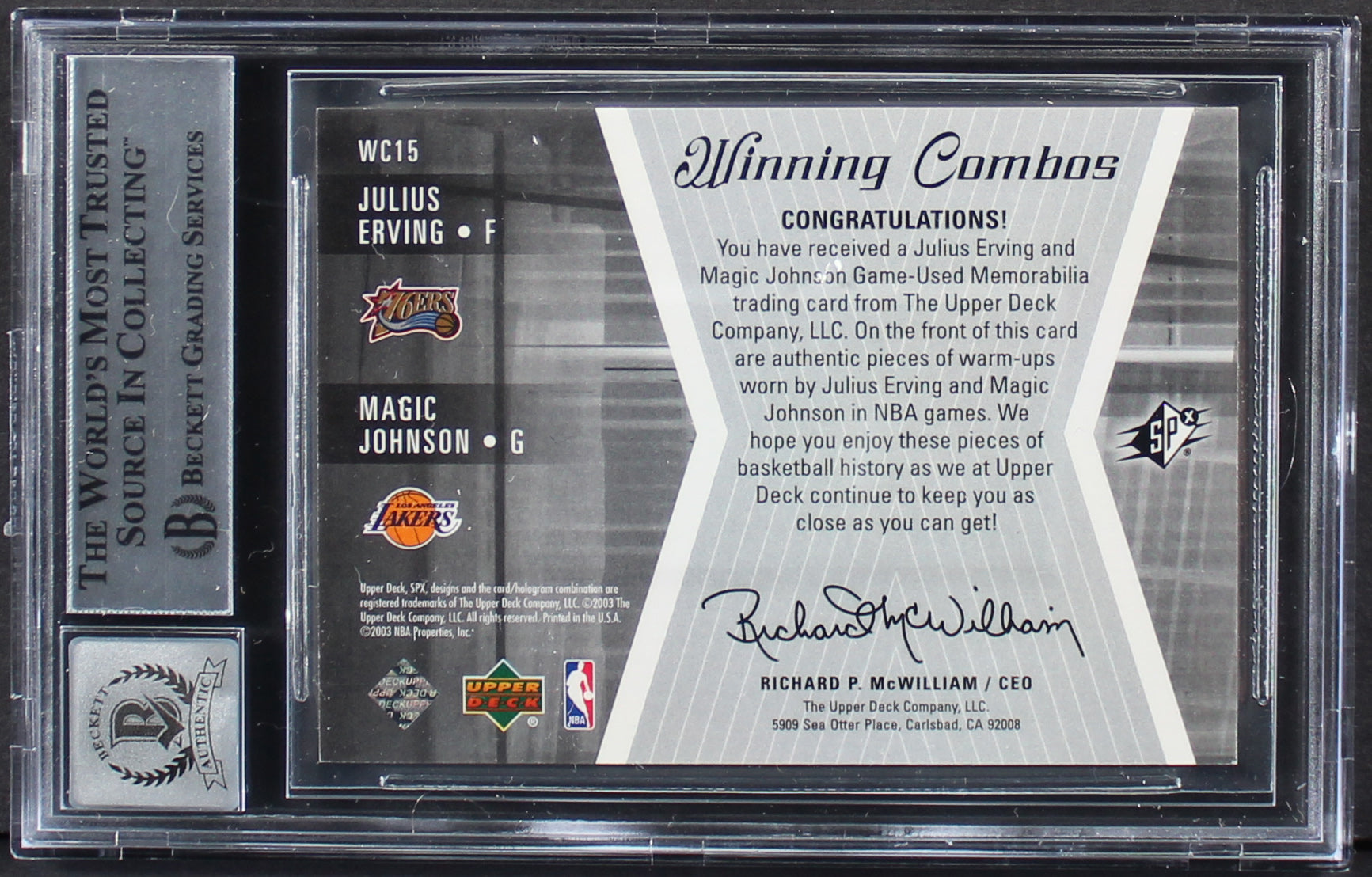 Magic Johnson & Julius 'Dr.J' Erving Signed 2003 SPX #WC15 Card Auto 10 BAS Slab