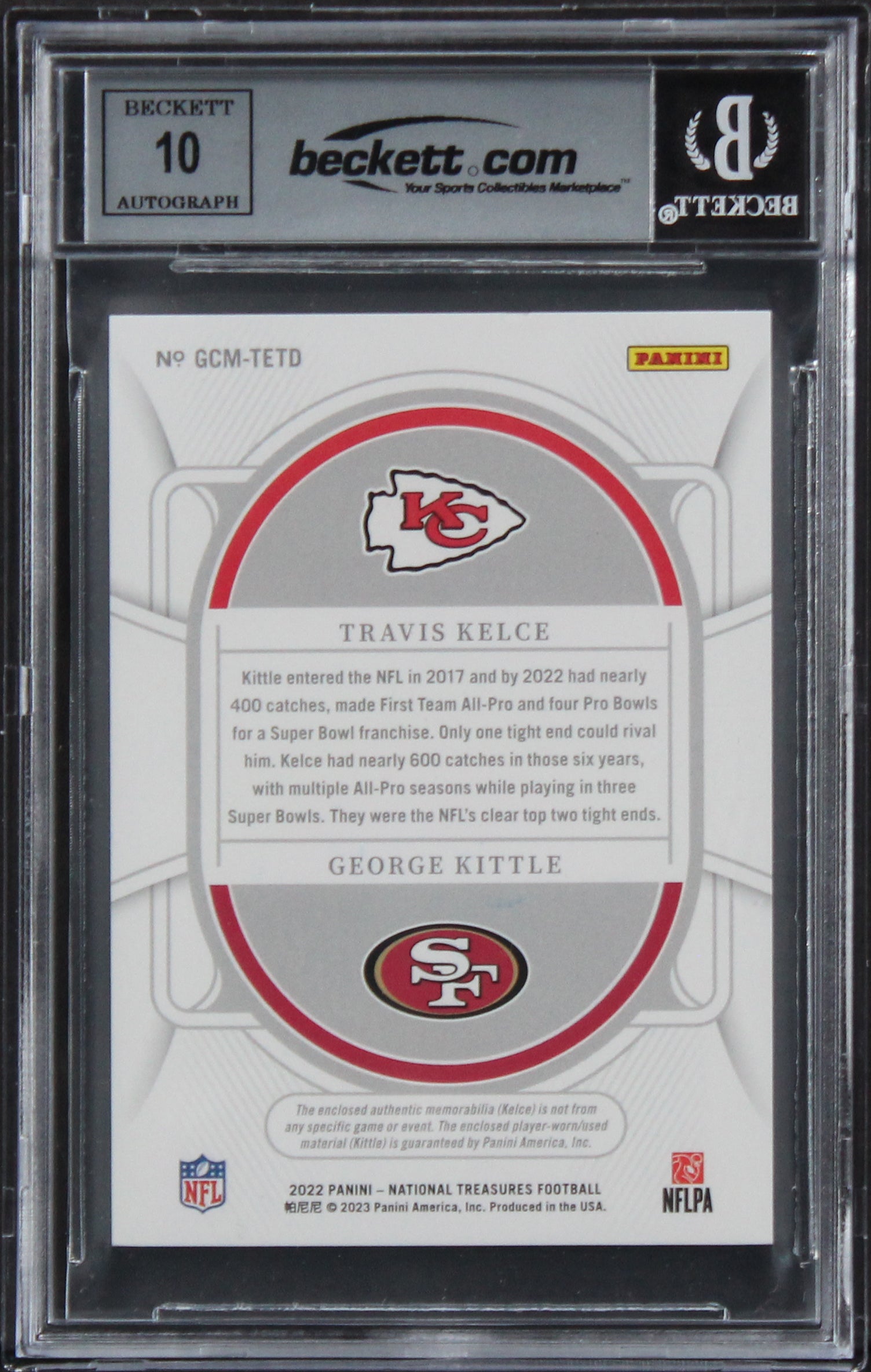Kelce & Kittle Signed 2022 National Treasures #20 #92/99 Card Auto 10! BAS Slab