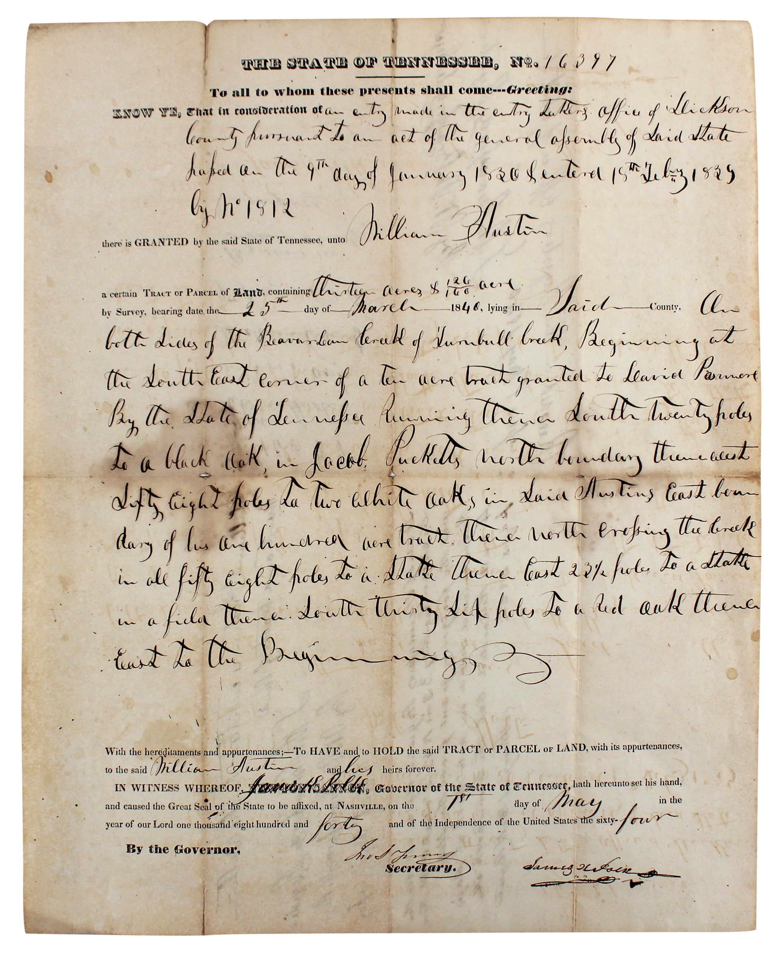 James K. Polk Signed 12x15 1840 Tennessee Land Grant Document BAS #AB14367