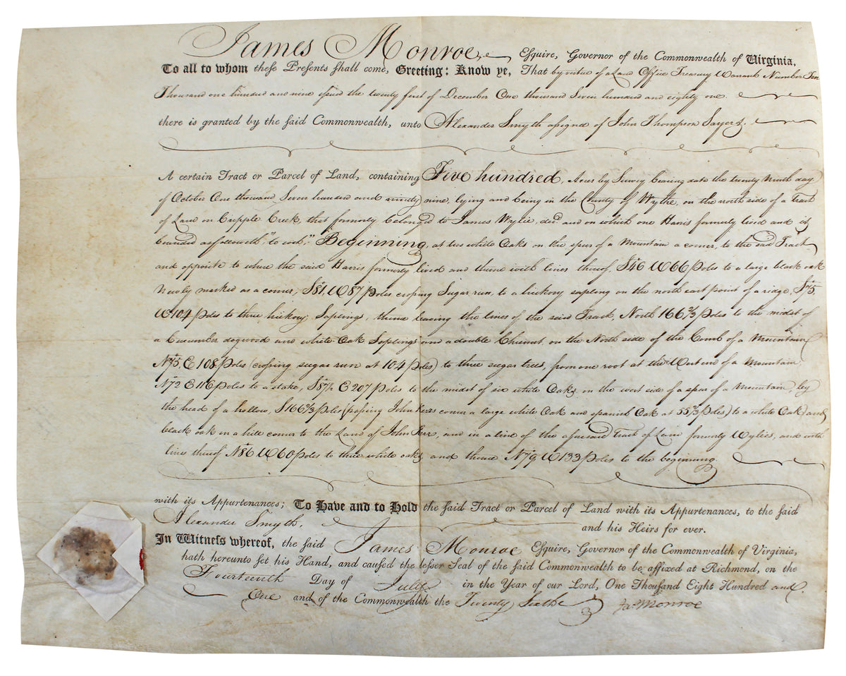 James Monroe Signed 11.5x15 1801 Virginia Land Grant Document BAS #AB14366