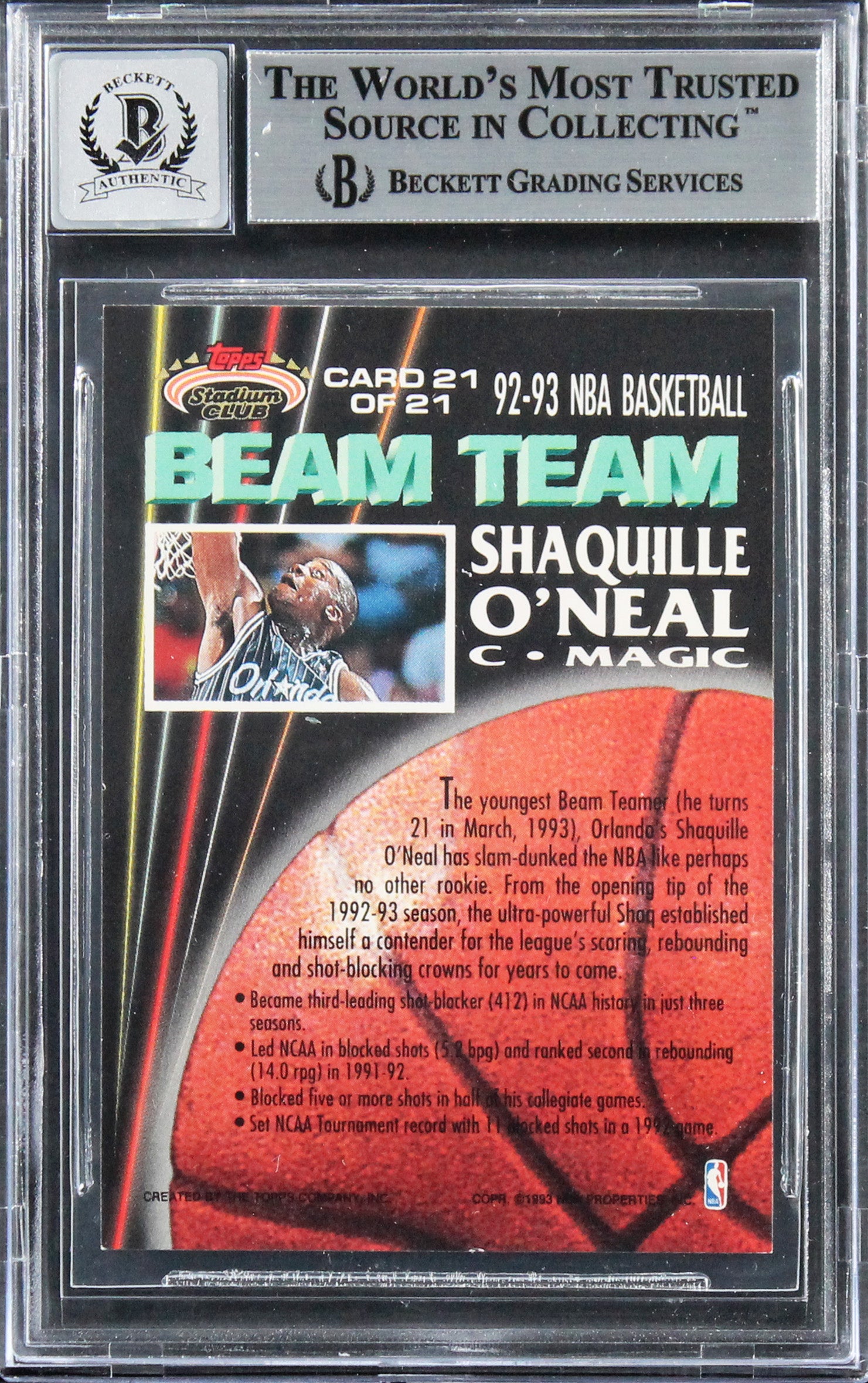 Shaquille O'Neal Signed 1992 Stadium Club Beam Team RC Auto Grade 10 BAS Slab 4