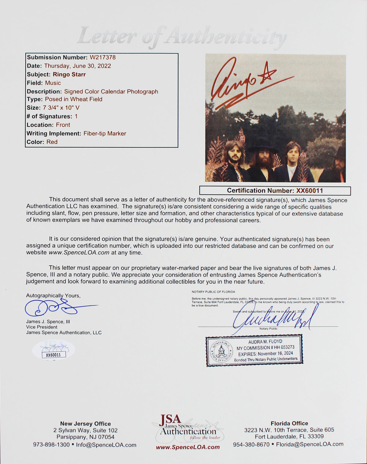 Ringo Starr Authentic Signed 7.75x10 Calendar Photo Autographed JSA #XX60011