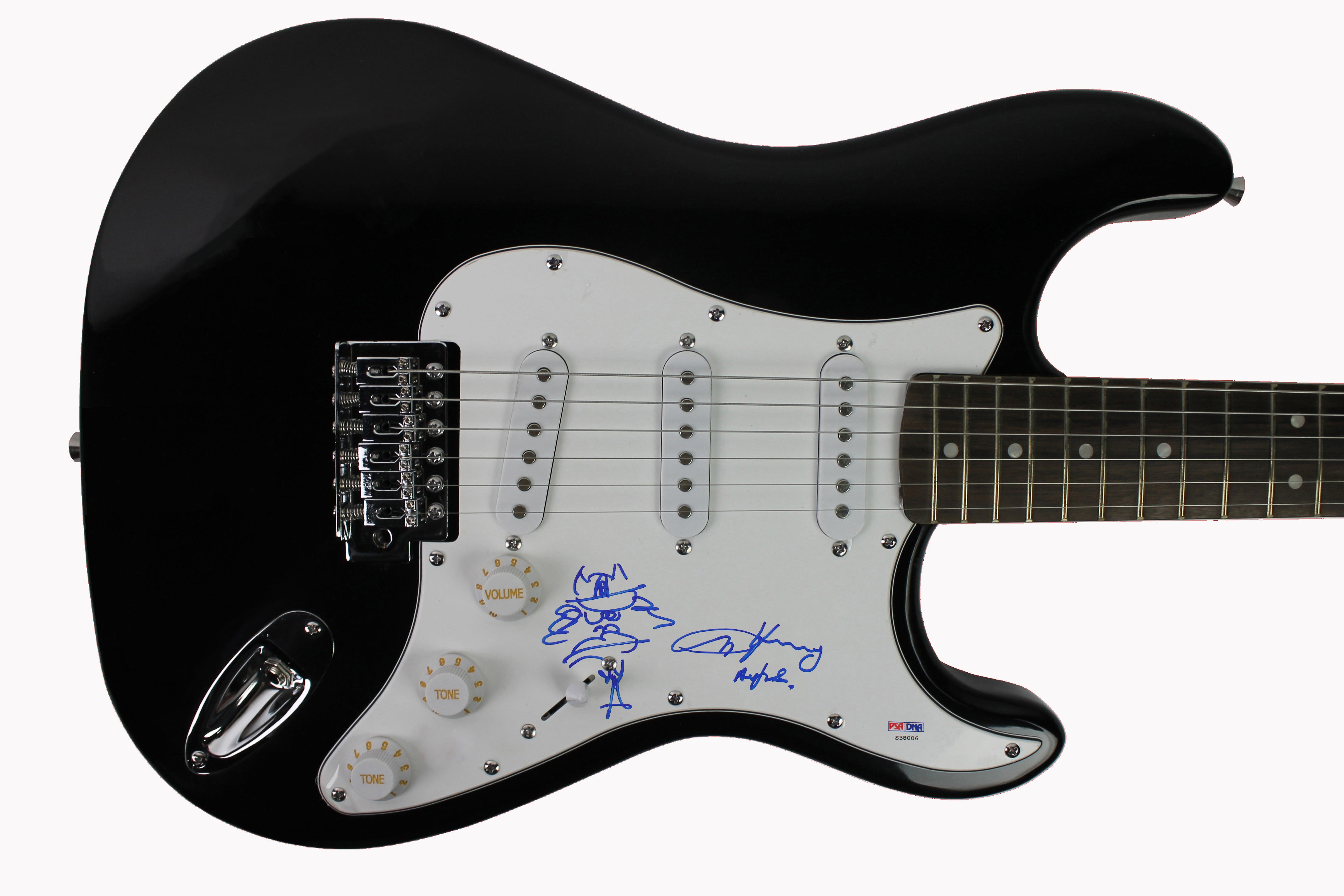 Angus Young AC/DC Signed Black Guitar w/ Self Portrait Sketch JSA #XX60012