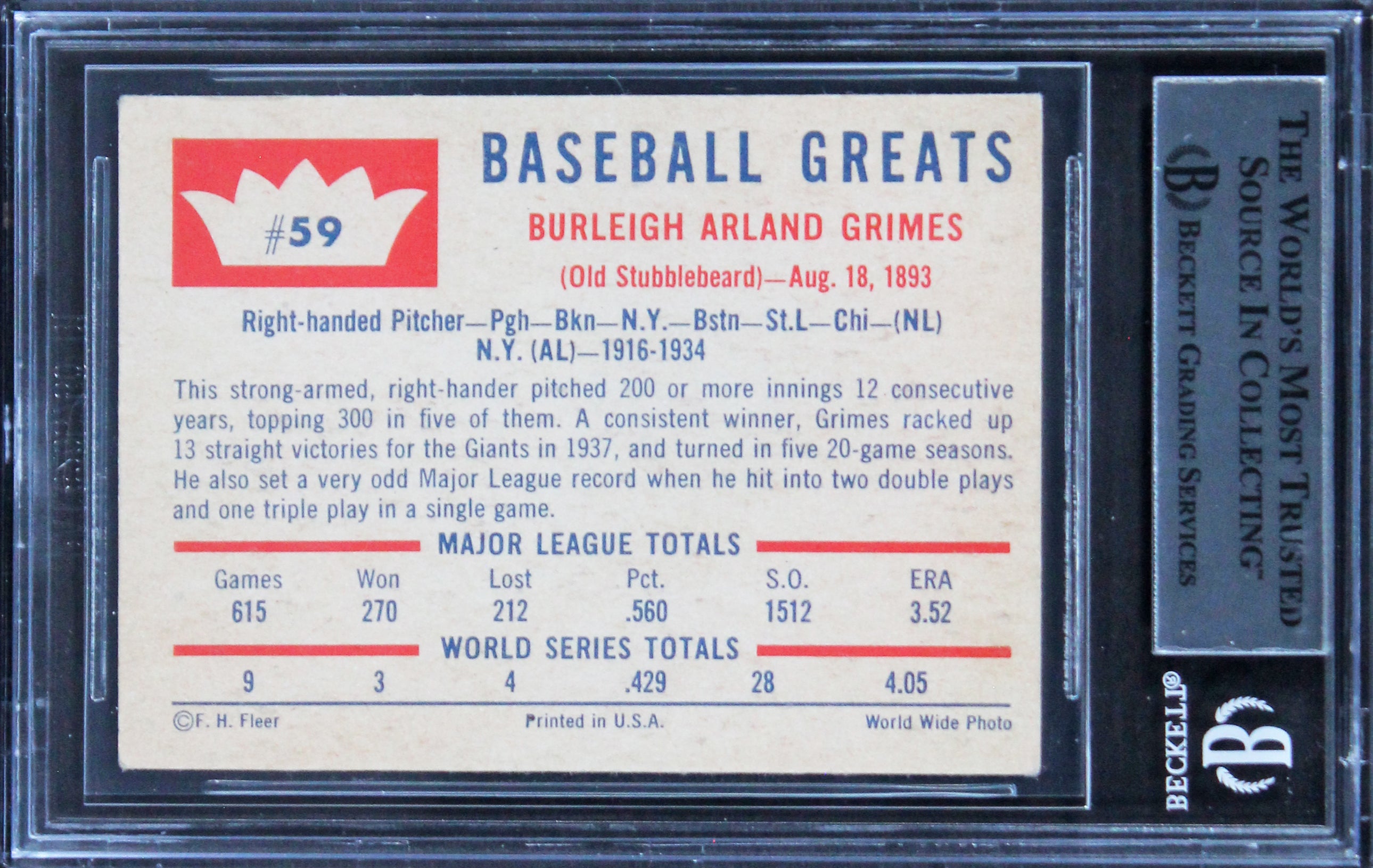 Cardinals Burleigh Grimes Authentic Signed 1960 Fleer #59 Card BAS Slabbed