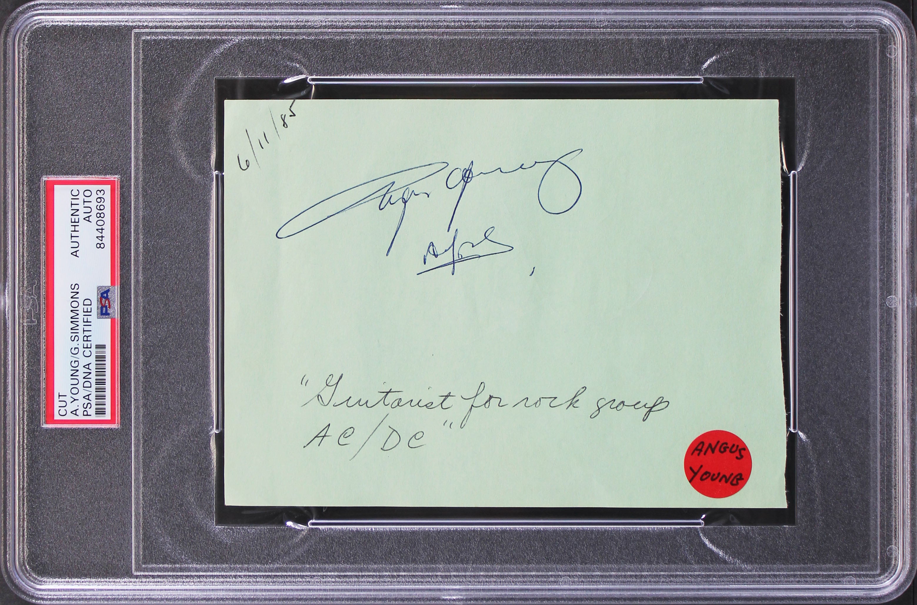 Angus Young & Gene Simmons Authentic Signed 4.5x6.25 Cut Signature PSA Slabbed